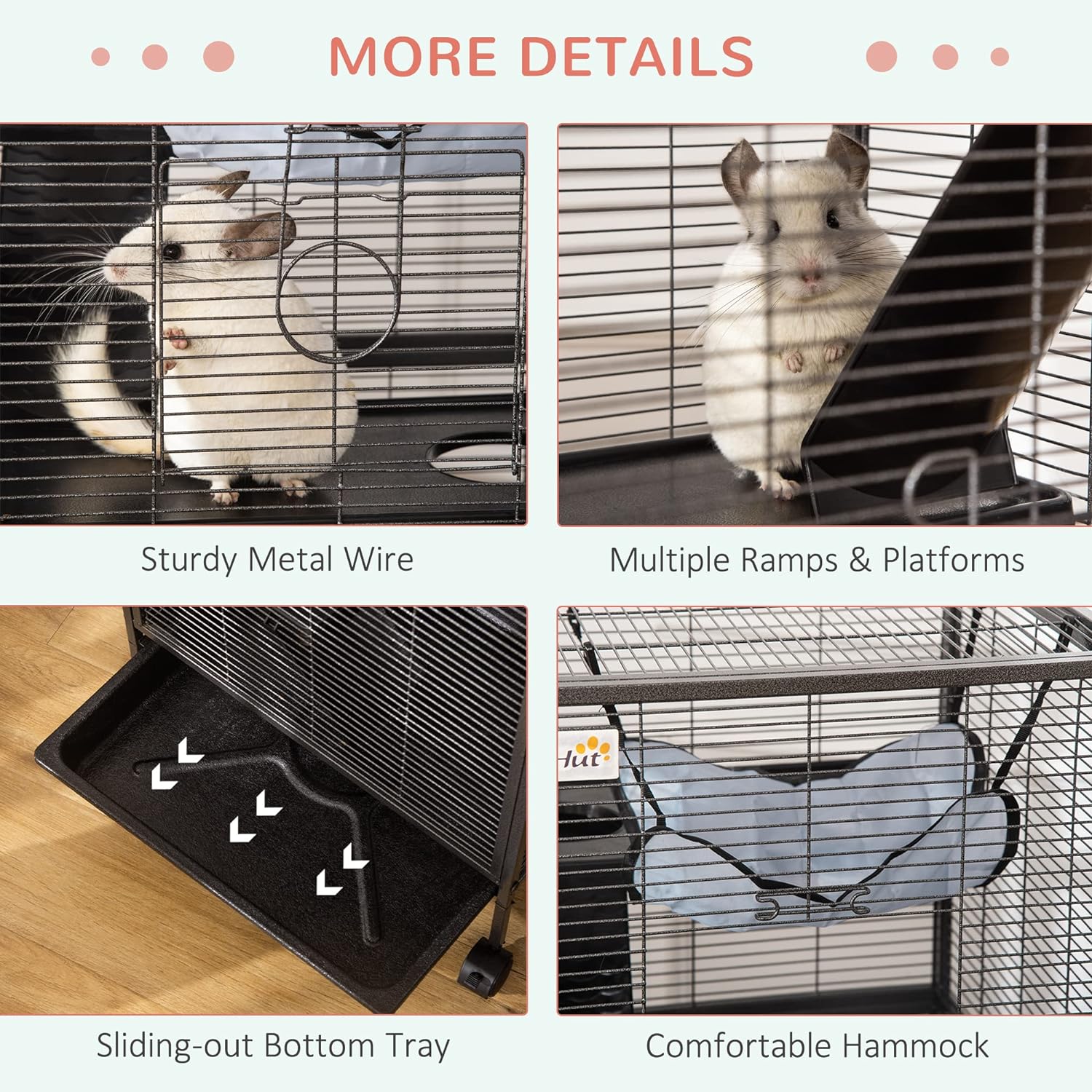 PawHut Metal Small Animal Cage, 4-Tiers Rolling Big Ferret Cage, Gray