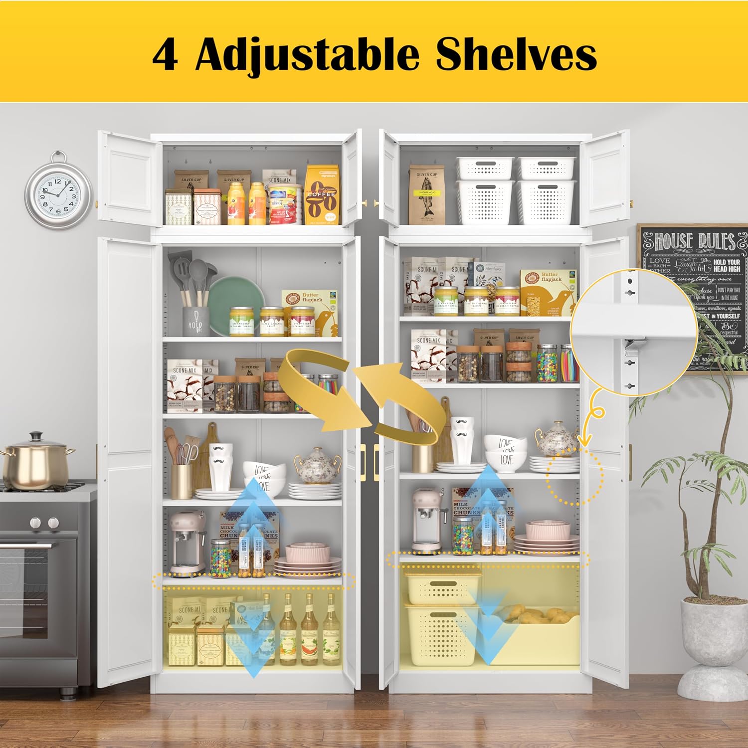 Steeloong 71"Metal Pantry Storage Cabinet with Doors & 4 Adjustable Shelves | Kitchen Pantry Cabinet,White Kitchen Cabinet with 2 Gold Handles,Tall Cabinet for Livingroom,Pantry, Bathroom,Kitchen