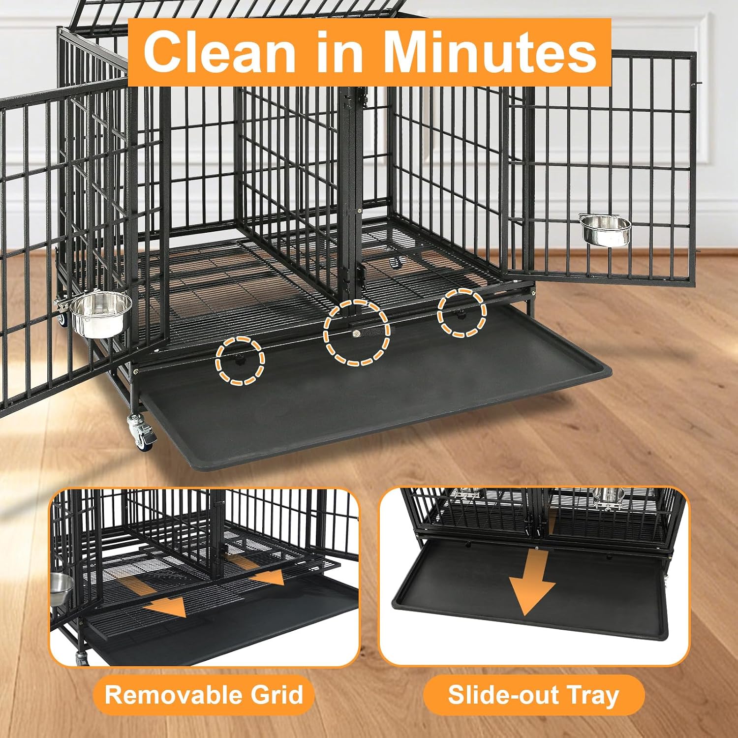 Homey Pet Taller 43" Heavy Duty Double Dog Crates with Divider & Dual Door | Drop Cage for Dogs with Lockable Wheels, Bowls, Removable Tray, Top Access, Ideal for Small to Medium & Large Dogs, Breeders