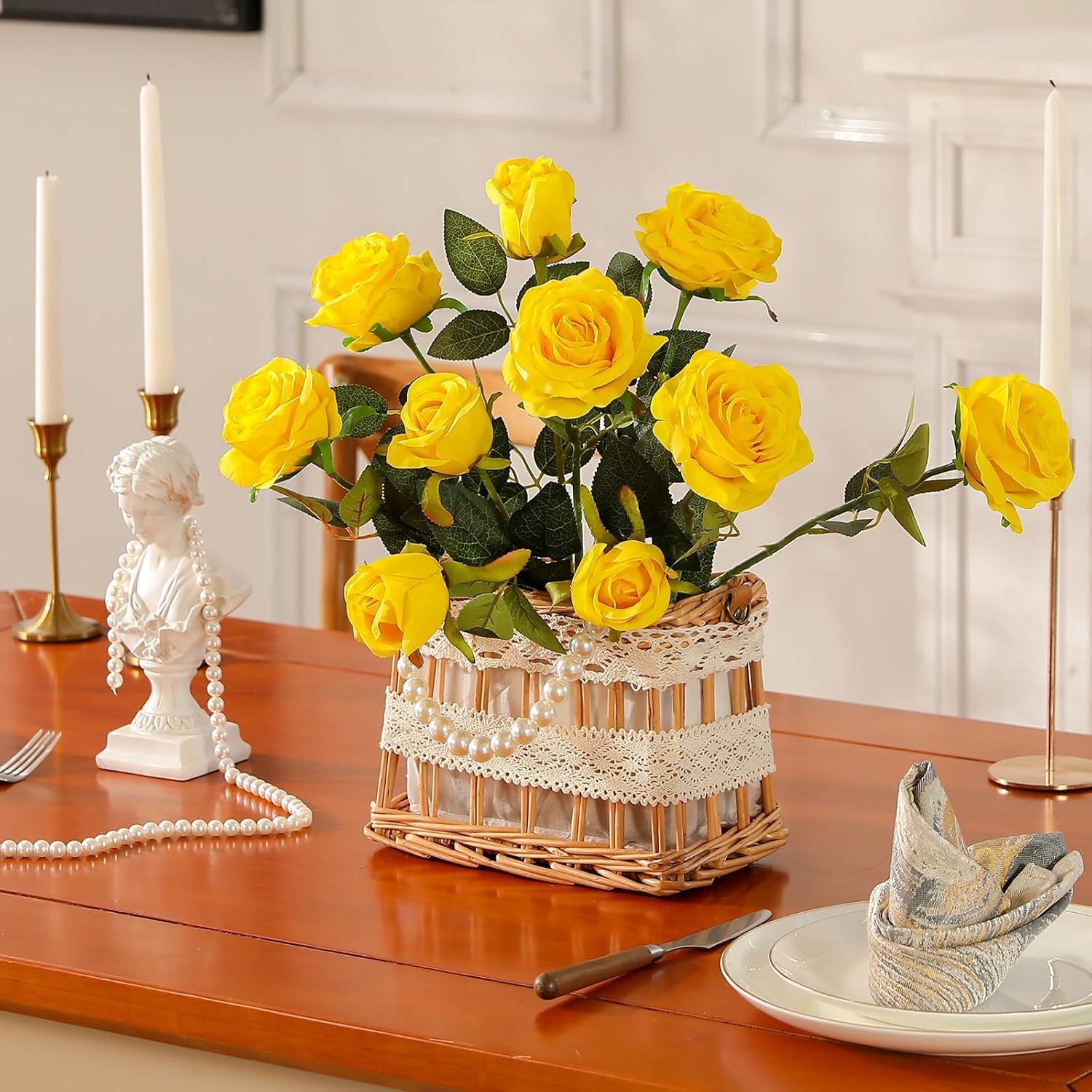 Hawesome 12PCS Artificial Silk Flowers Realistic Roses Bouquet Long Stem for Home Wedding Decoration Party (Yellow, 6 Flowers 6 Buds)