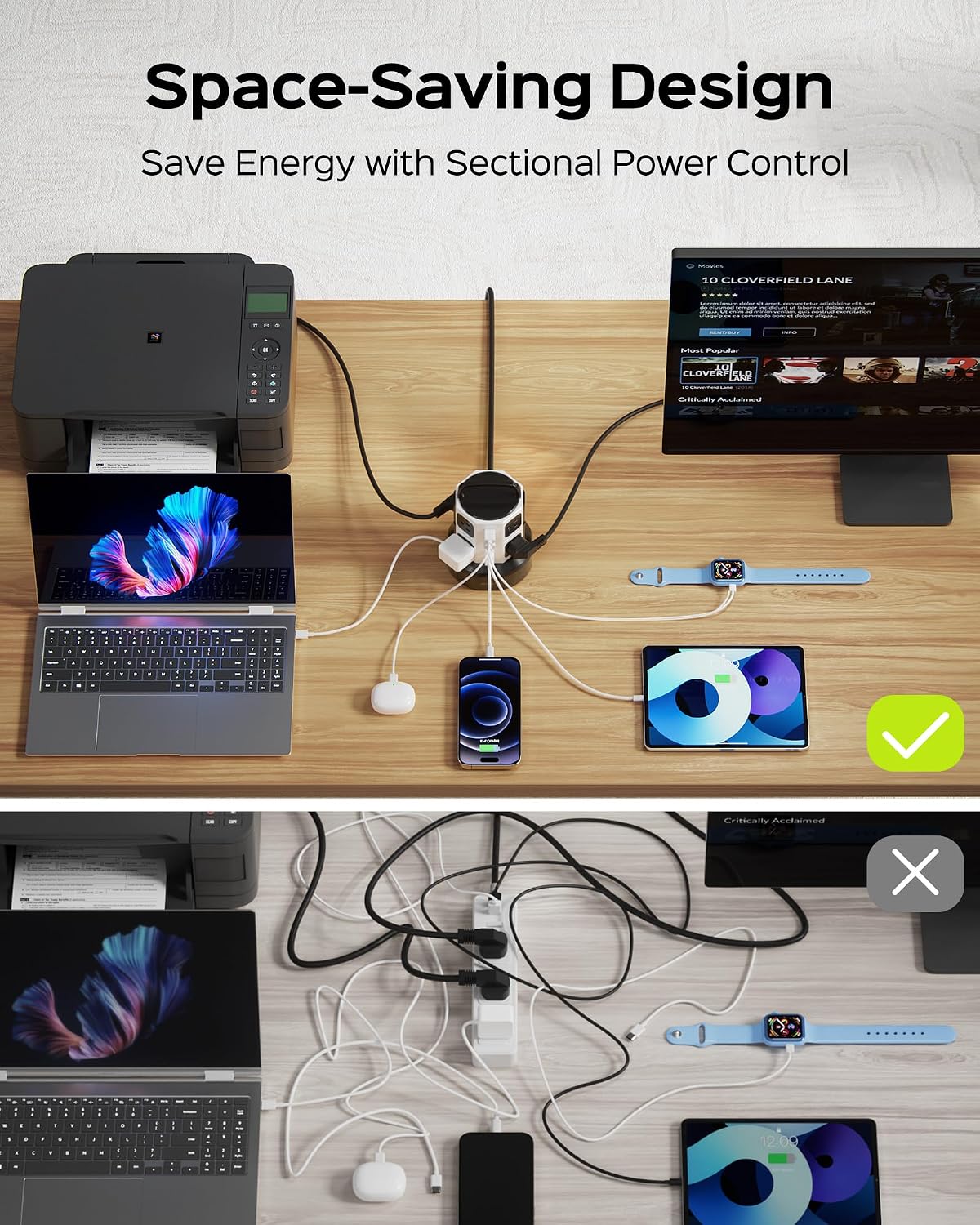 JACKYLED Power Strip Tower Surge Protector, 12 AC 6 USB (2 USB C), 1050J