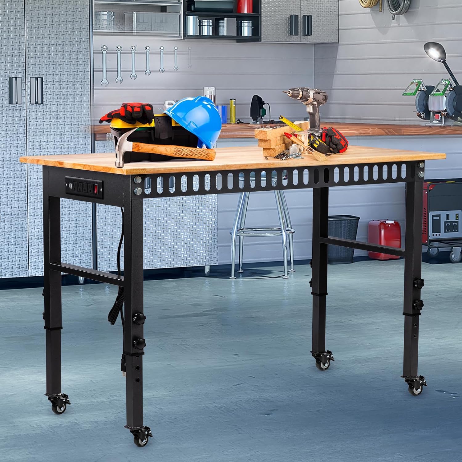 48" Adjustable Workbench, Work Table with Wheels and Power Outlet | 2000LBS Load Capacity Rubber Wood Top Workstation, Heavy-Duty Craft Table for Garage Workshop