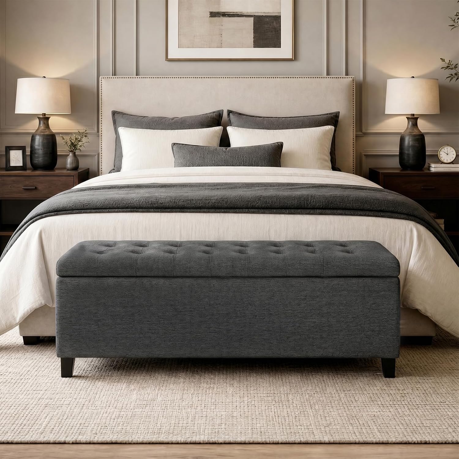 Madison Park 49" Upholstered Storage Bench, Button Tufted End of Bed Bench with Storage, Dual Spring Soft-Close Lid, Bedroom Bench for Queen King Bed, Entryway Living Room, Grey