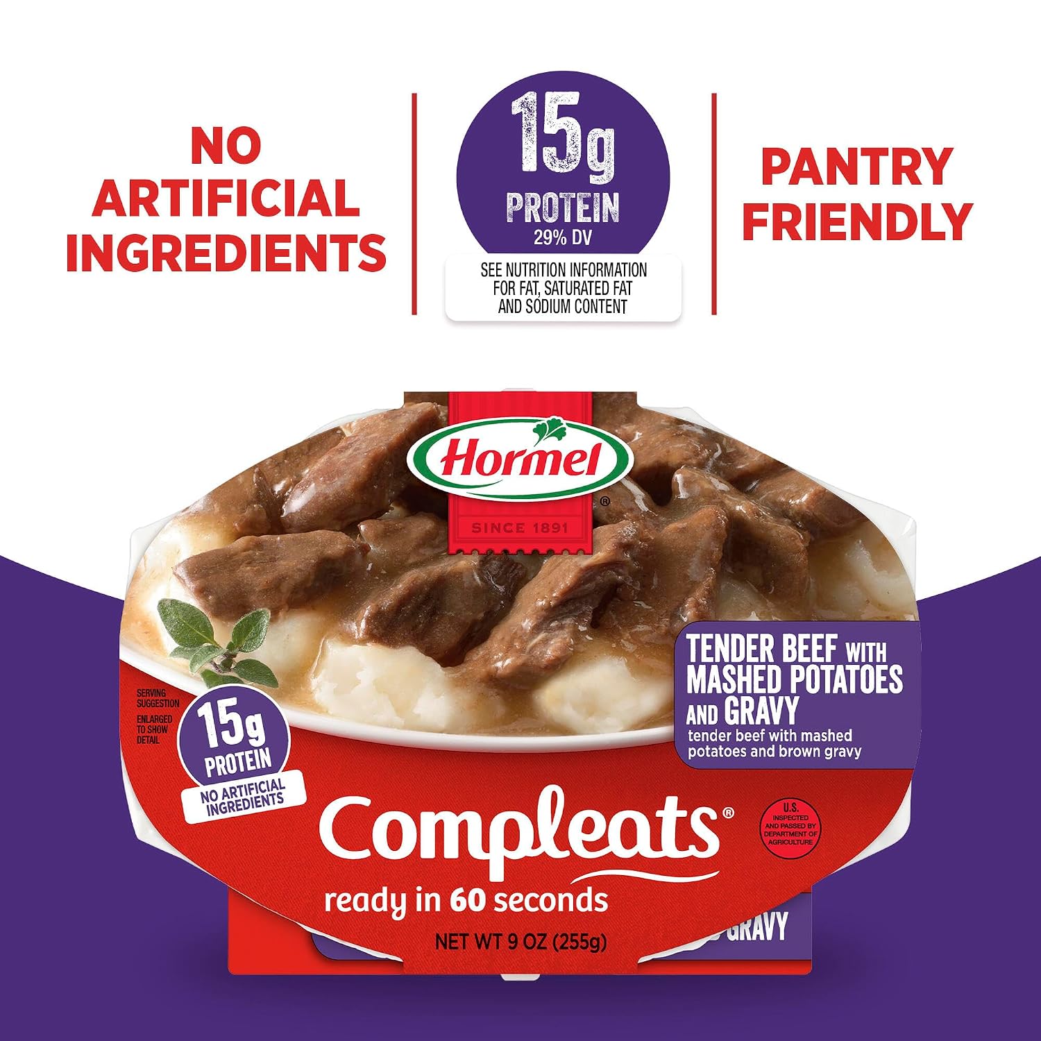 HORMEL COMPLEATS Tender Beef With Mashed Potatoes & Gravy Microwave Tray, 9 oz. (6 Pack) | Heat and Eat, Microwave Meals, Prepared Foods