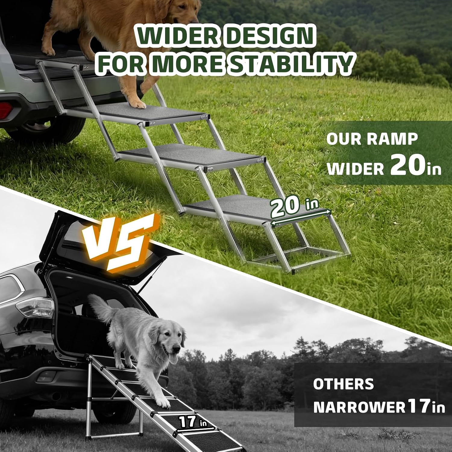 Dog Stairs for Large Dogs, 𝟐𝟎'' 𝐄𝐱𝐭𝐫𝐚 𝐖𝐢𝐝𝐞 Foldable Dog Ramp for Car, SUV & Truck, Non-Slip DogSteps for High Beds