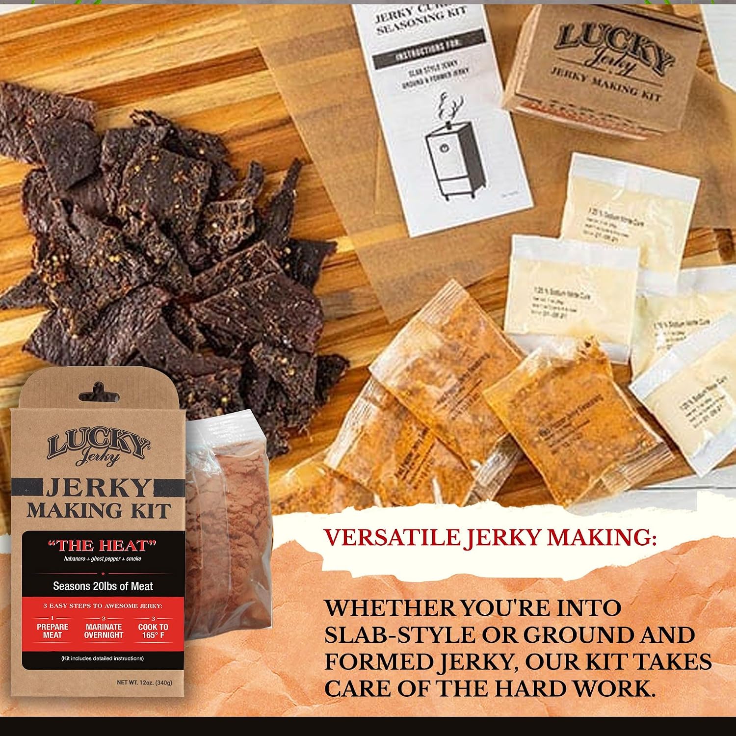 Lucky Jerky Ultimate Savory DIY Beef Jerky Seasoning and Cure Kit, 12 Oz | Make Your Own with Original, BBQ, Teriyaki, and Sweet & Spicy, Seasons 5 lbs per Flavor, 20 lbs Total