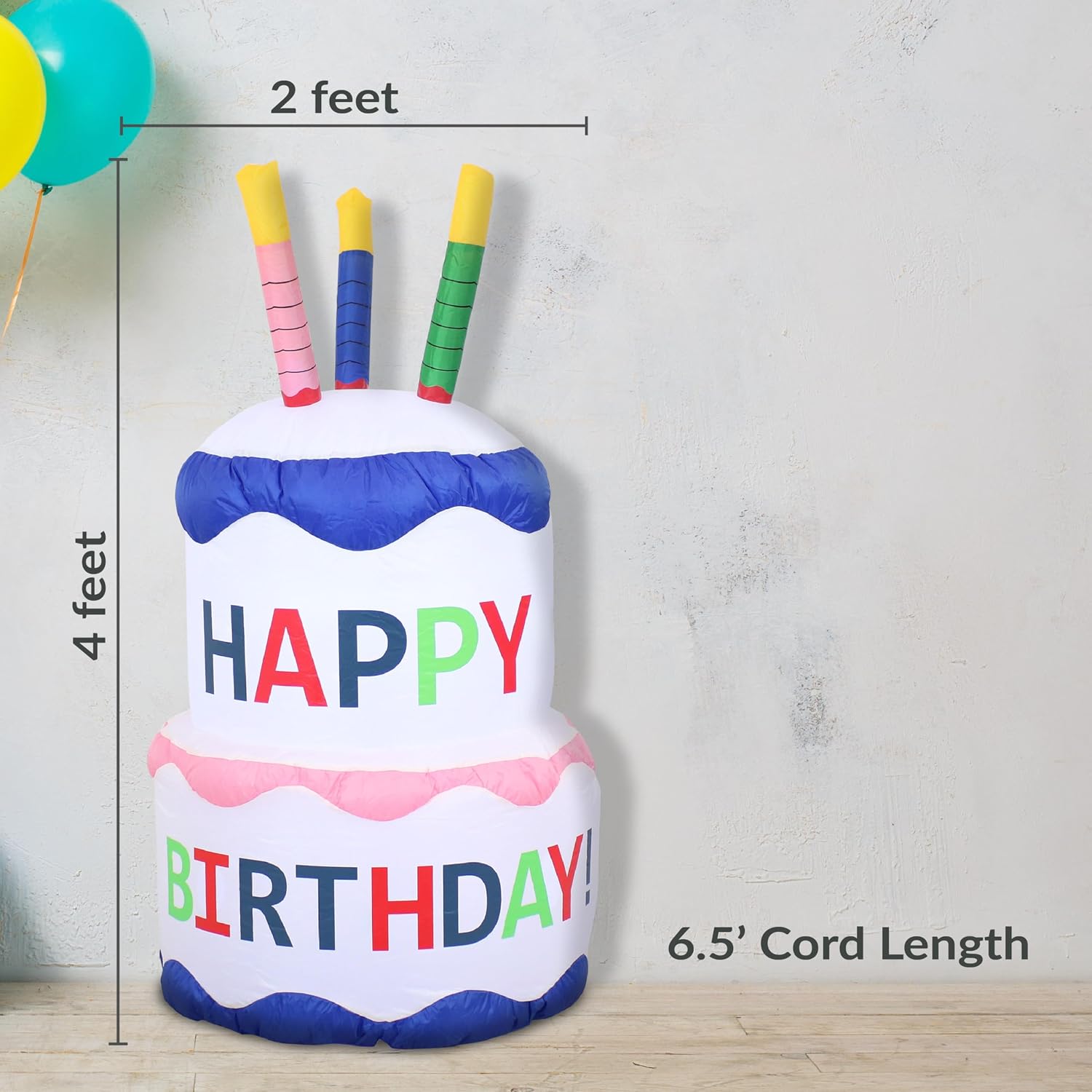 Sunnydaze 4-Foot Happy Birthday Cake Inflatable Decoration - Fan Blower and LED Lights
