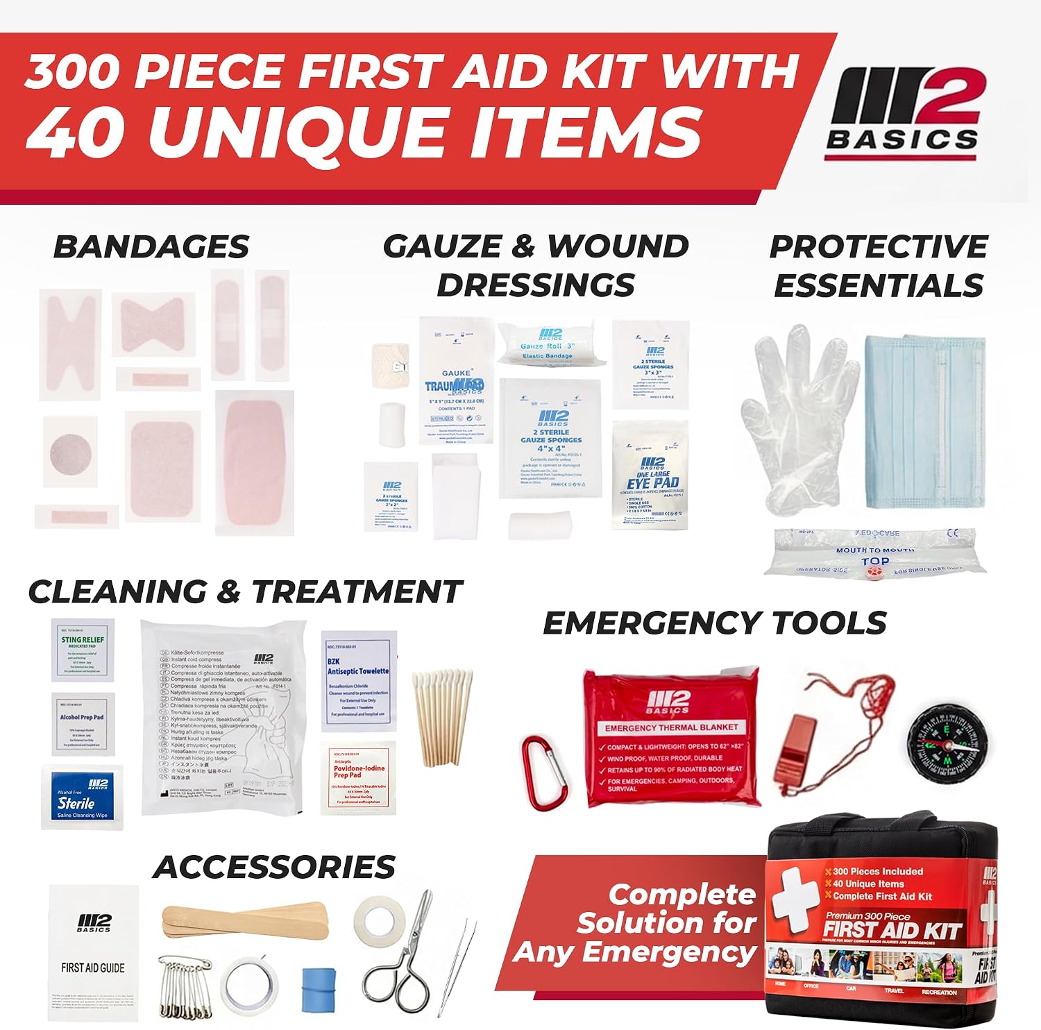 M2 BASICS 300 Piece Premium First Aid Kit w/Durable Bag for Home, Business | Office, Workplace, Car, Garage, Kitchen, Family, Classroom, Jobsite