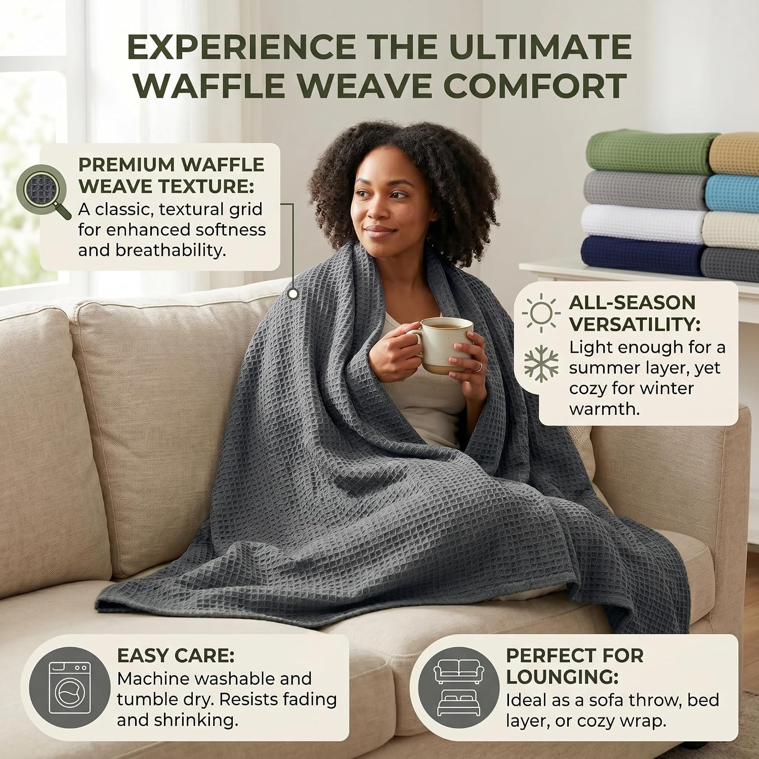 Tex Trend 100% Cotton Waffle Weave Blanket Queen Size - Soft, Breathable Cooling Blanket for Bed, Lightweight Cozy Summer & Spring Bedding, Grey, 90x90
