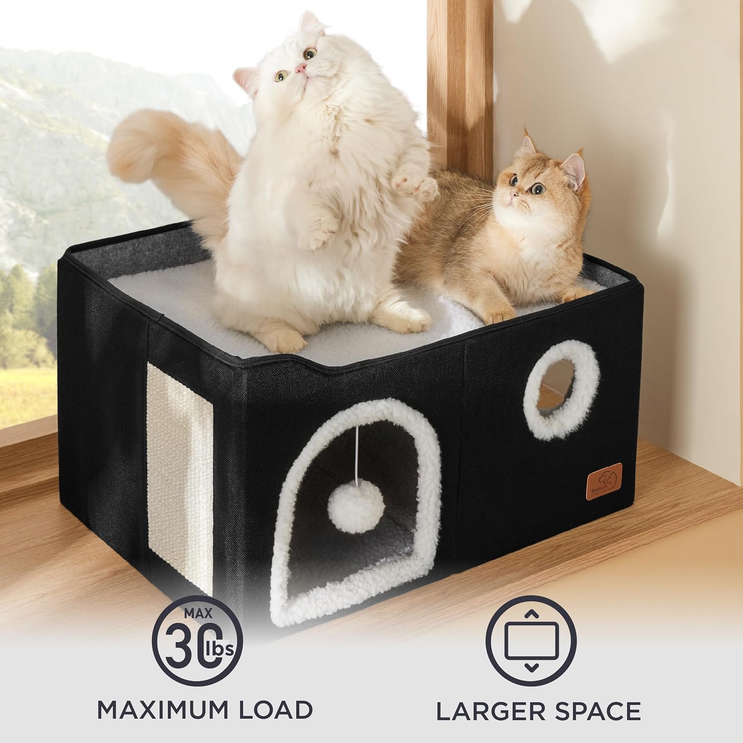 Bedsure Cat House Bed for Indoor Cats with Fluffy Ball and Scratch Pad,Grey