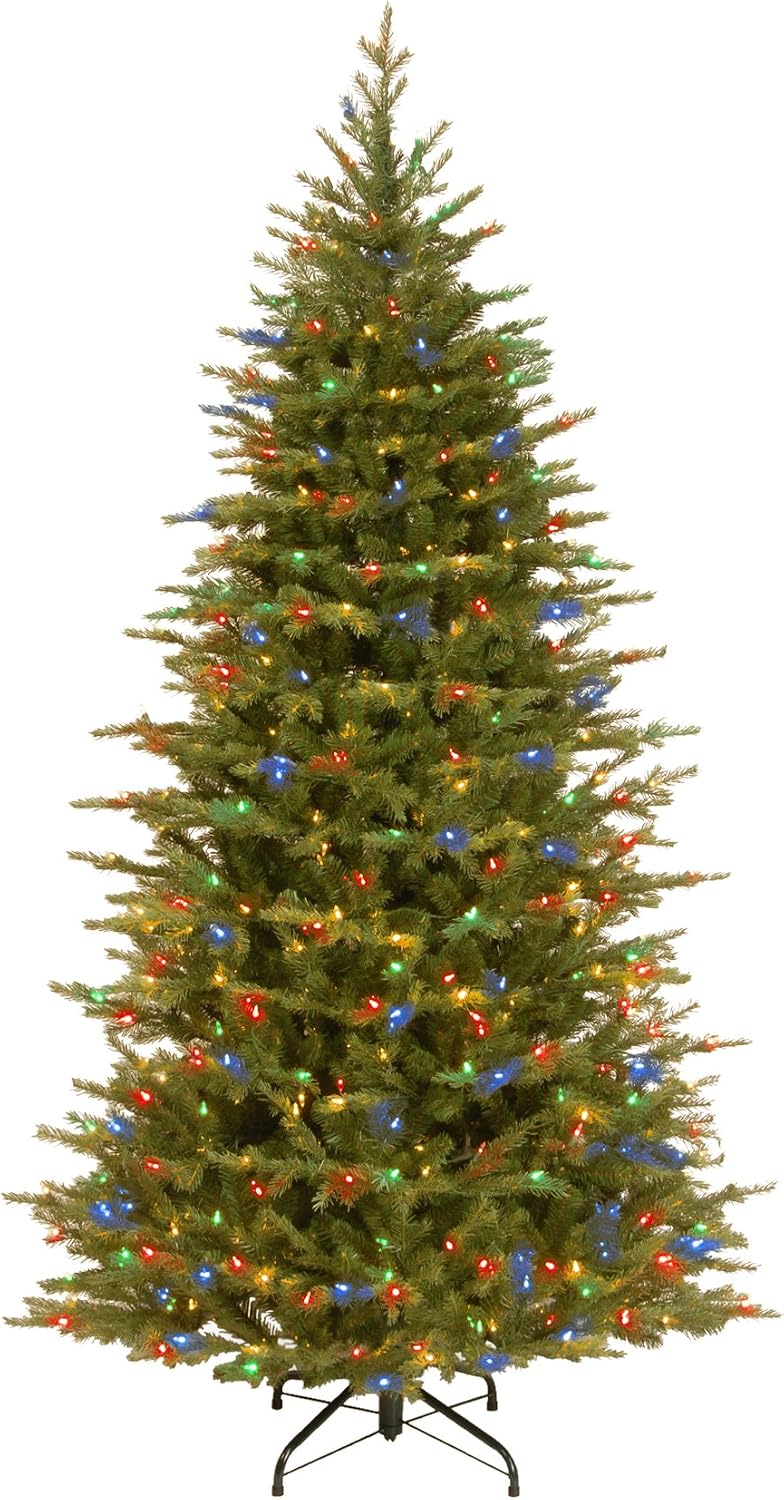 National Tree Company 7.5ft Pre-Lit Nordic Spruce Slim Christmas Tree | 600 LED Lights, 3, 268 Tips, 10 Light Functions, Foot Pedal, Includes Stand