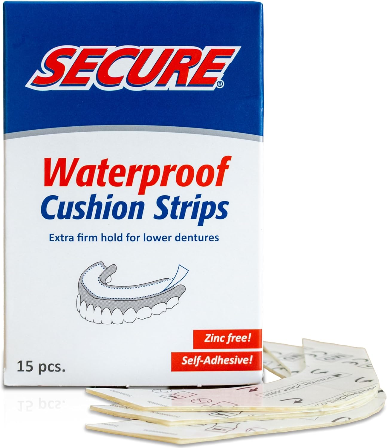 Secure Denture Adhesive Strips for Lowers, Zinc Free Glue, 15 Strips | Waterproof - Comfortable Cushion Fit for Lowers - Extra Firm All-Day Hold - No Mess - Clean Ingredients