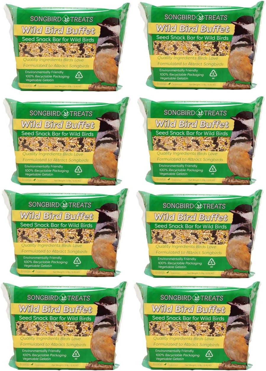 Wildlife Sciences Songbird Treats Seed Bars | 8 Pack of 2 lb Bird Seed Cakes for Wild Birds (Wild Bird Buffet)
