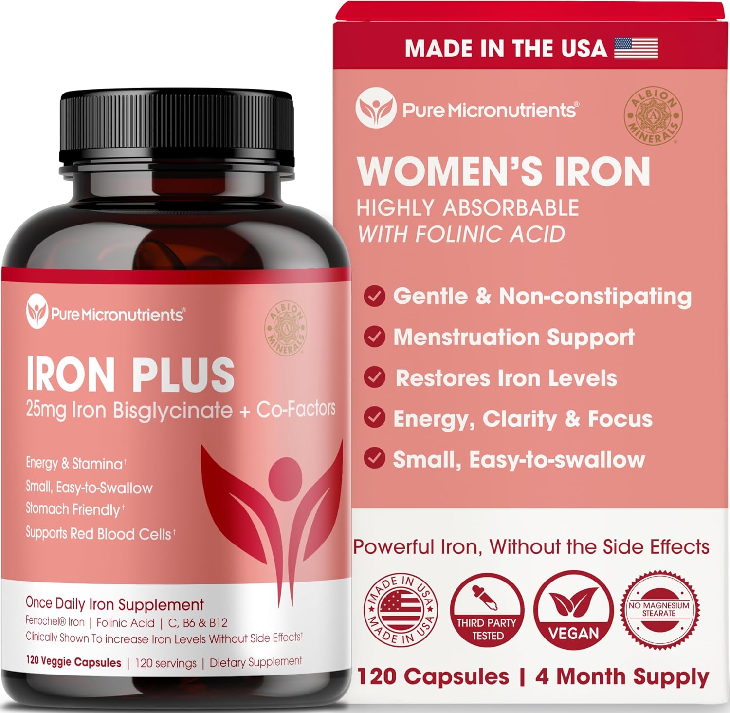 Iron Supplement for Women, Gentle Iron Bisglycinate 25mg, 120 Count | With vitamin C, B6, B12 & folic acid, supports iron deficiency