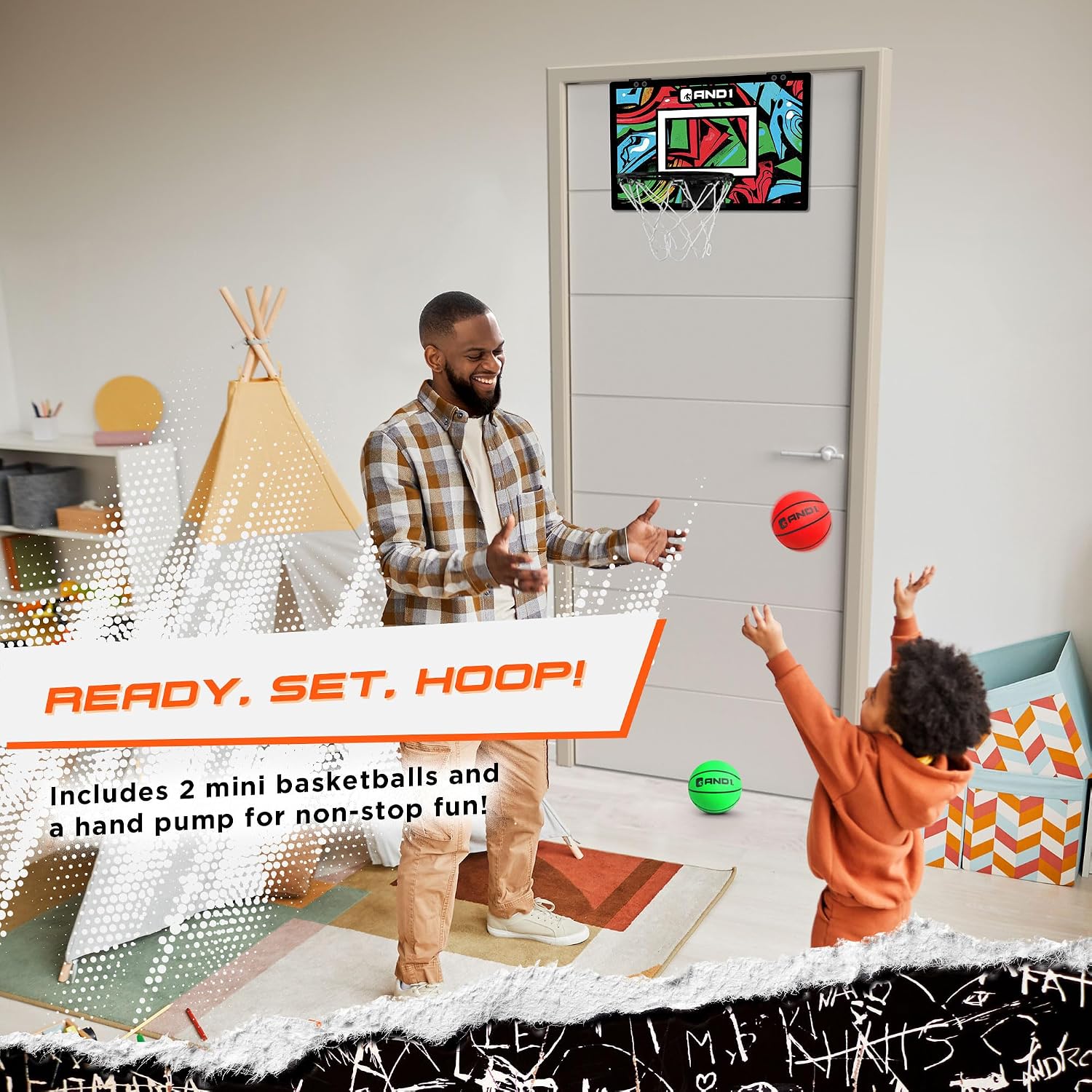 AND1 Over the Door Mini Basketball Hoop: 18x12 Shatterproof Backboard, 2 Mini Basketballs