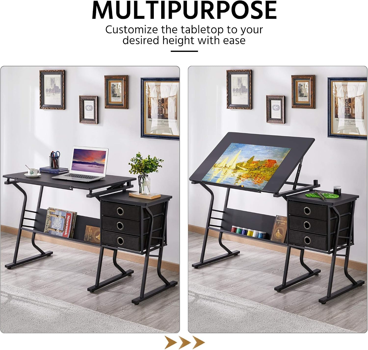 Topeakmart Height Adjustable Drafting Table Art Craft Desk Work Station Hobby Design Studio Tiltable Tabletop Drawing Desk with Stool & Storage