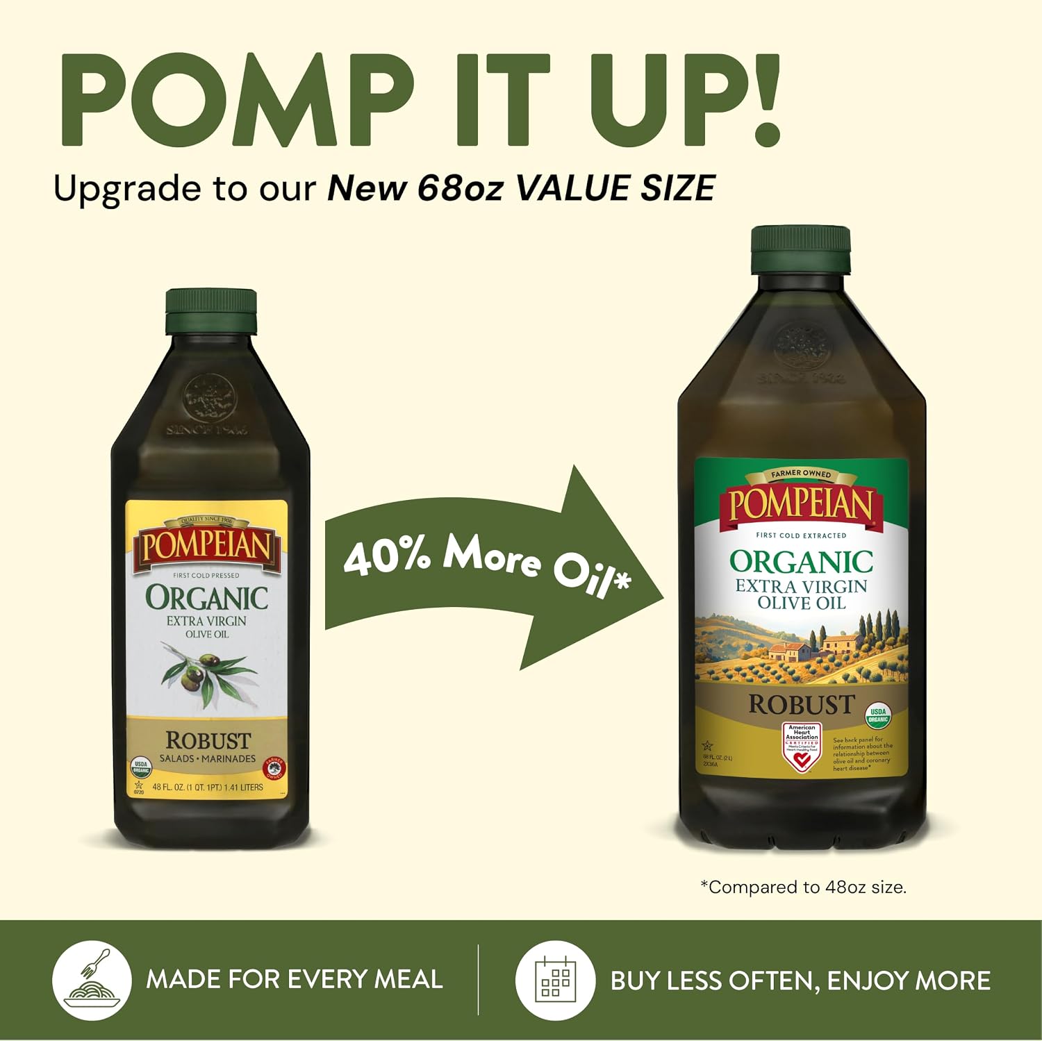 Pompeian Robust Organic Extra Virgin Olive Oil - 16 fl oz | First Cold Pressed Olive Oil for Cooking - Full-Bodied Taste for Dressings and Marinades
