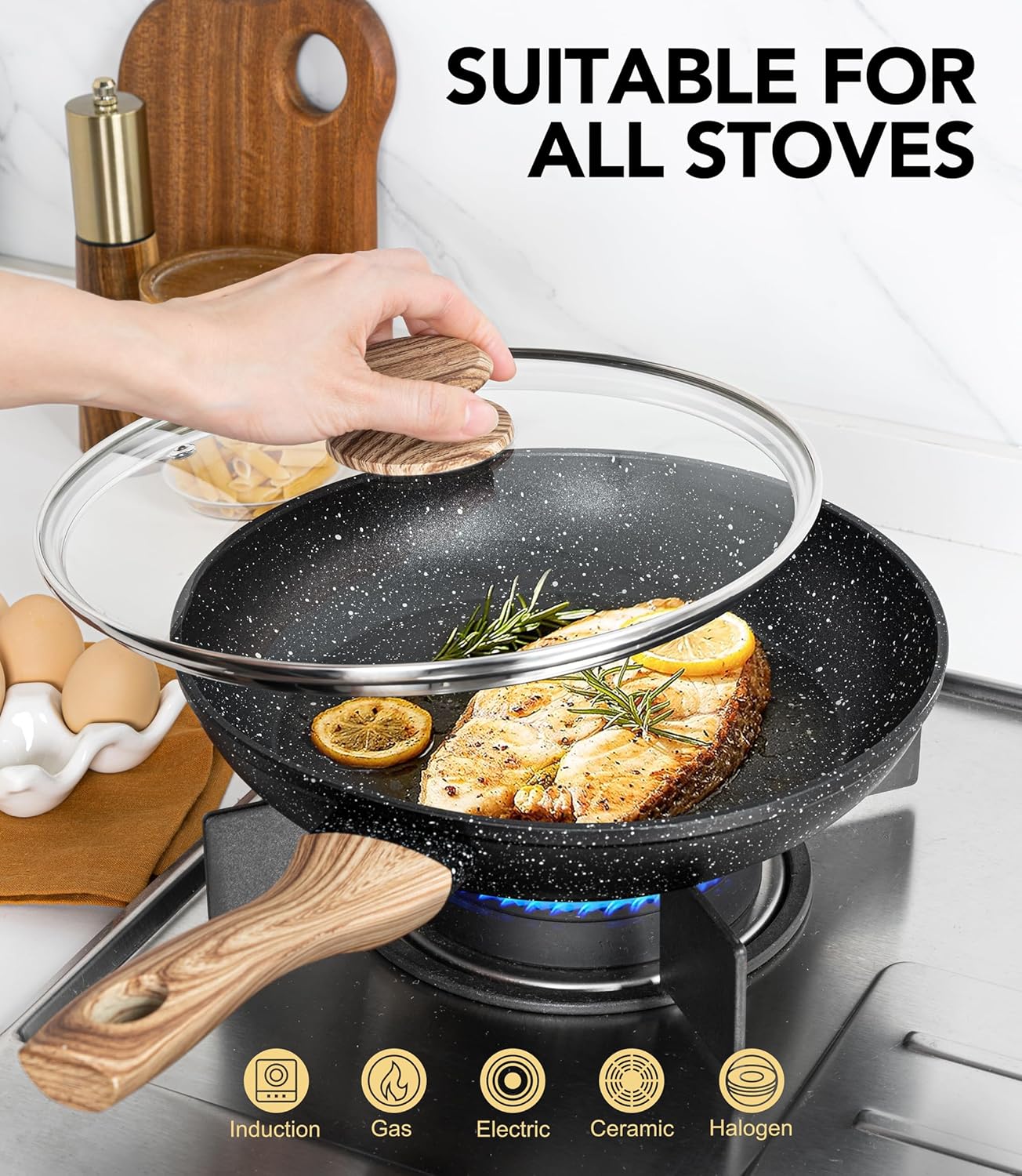 MICHELANGELO 8 Inch Nonstick Frying Pan with Lid, Non Stick Small Frying Pan with Non-Toxic Coating, Non-Stick Skillet with Ergonomic Handle