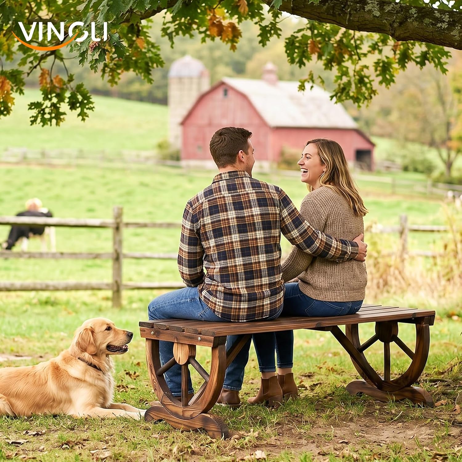 VINGLI Rustic Wooden Wheel Bench Outdoor Bench, Patio Bench Wagon Slatted Seat, Garden Benches for Outdoors 350lbs High Capacity