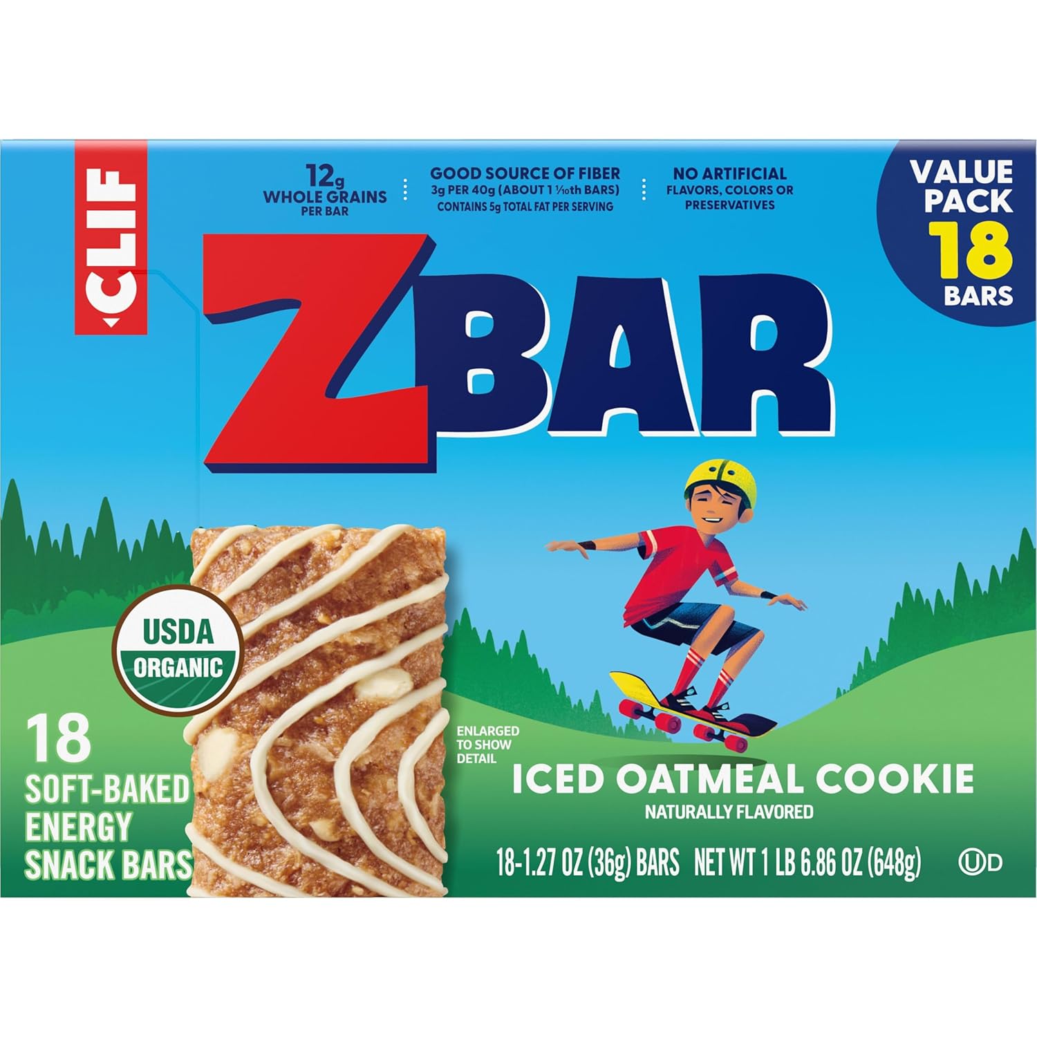 Zbar - Iced Oatmeal Cookie - Soft-Baked Energy Snack Bars - Non-GMO - 12g Whole Grains - USDA Organic Granola Bars - Snacks for Kids (18 Pack)