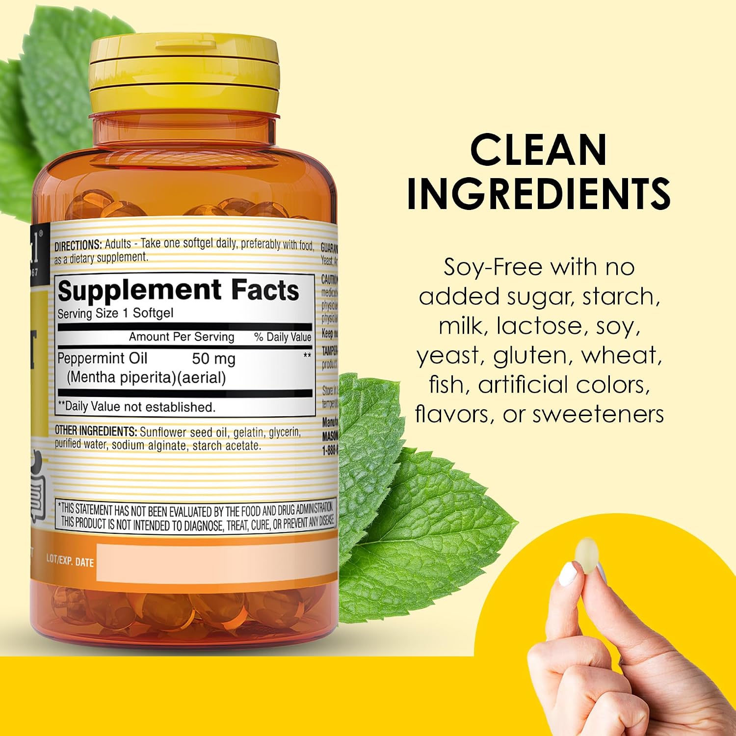 MASON NATURAL Peppermint Oil 50 mg Enteric Coated Softgels, 90 Day Supply | 50mg pure peppermint oil, enteric coated to dissolve in the intestines, to ease bloating & gas and support normal digestion