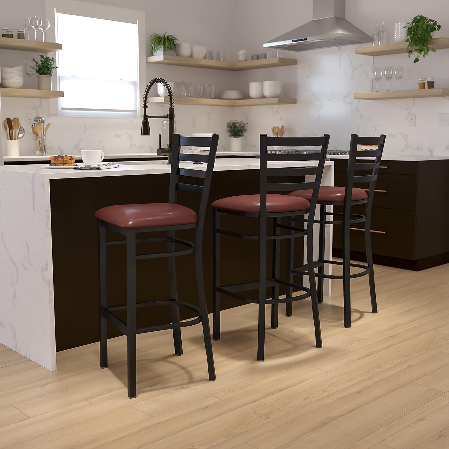 Flash Furniture Hercules Series Ladder Back Metal Restaurant Barstool, Modern Upholstered Armless Bar Height Chair for Restaurants and Kitchens, Black | Vinyl Upholstery, Durable Construction, Commercial Use