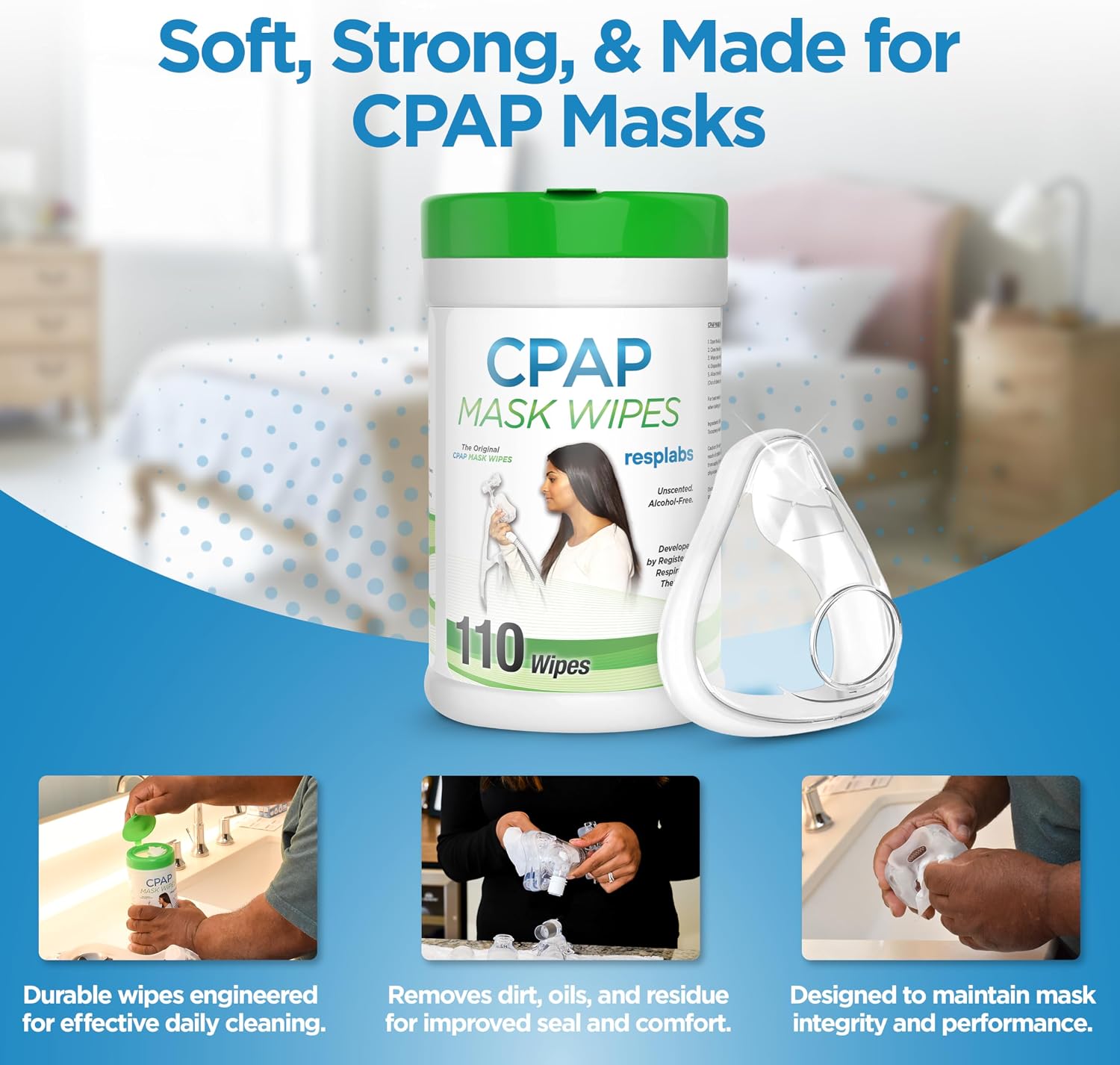 resplabs CPAP Mask Wipes Unscented Cleaner for Full Face, Nasal Masks & Supplies 110 Wipes