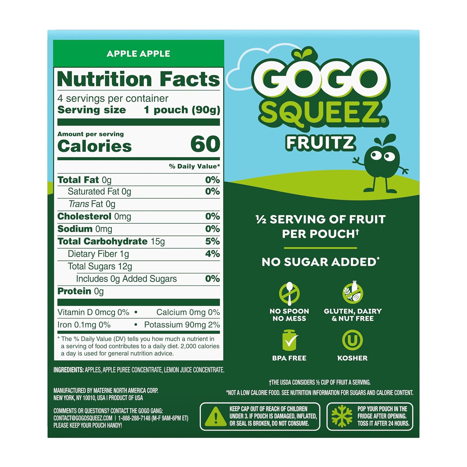 GoGo squeeZ No Sugar Added Applesauce, Apple Apple, 3.2 oz, 48 Count | Kids on the go fruit snack made with applesauce & fruit puree; 3.2 oz pouches, gluten and nut free, recloseable cap, BPA-free
