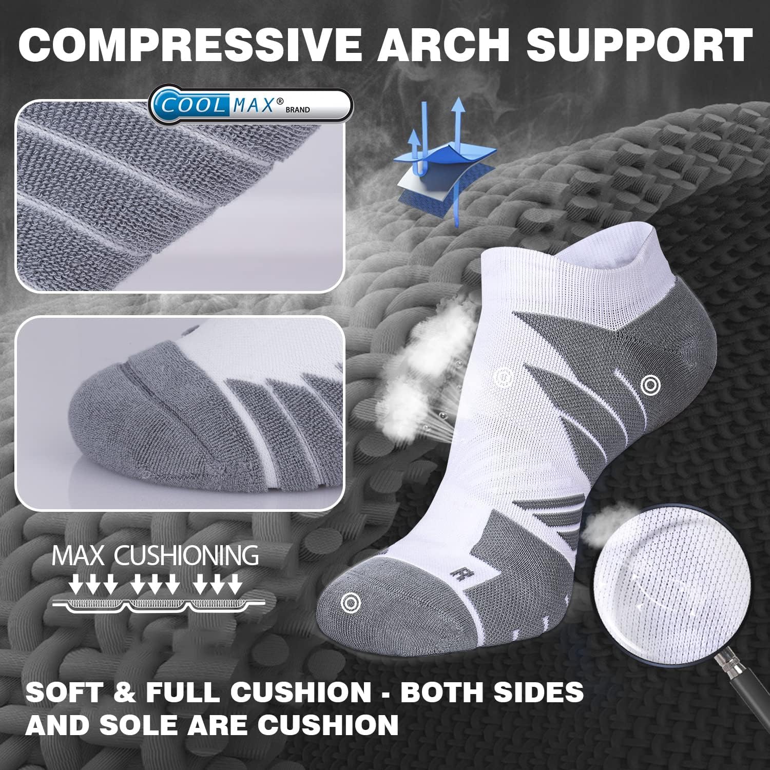 Hylaea Unisex Coolmax No Show Athletic Running Socks, Cushioned No Blisters