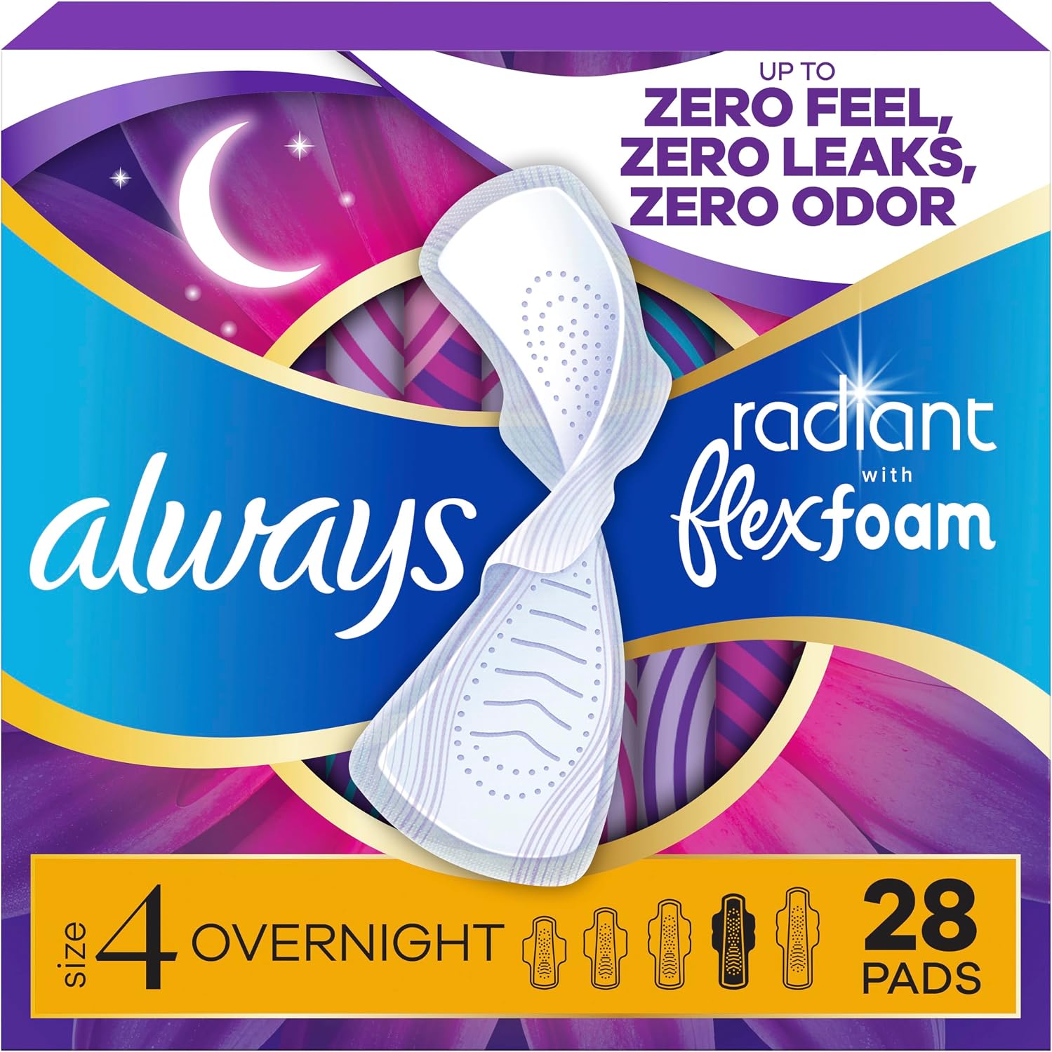Always Radiant Feminine Pads for Women, Flexfoam Pads with Wings, Size 4, Overnight Absorbency, Lightly Scented, 60 Count (3 Packs of 20)