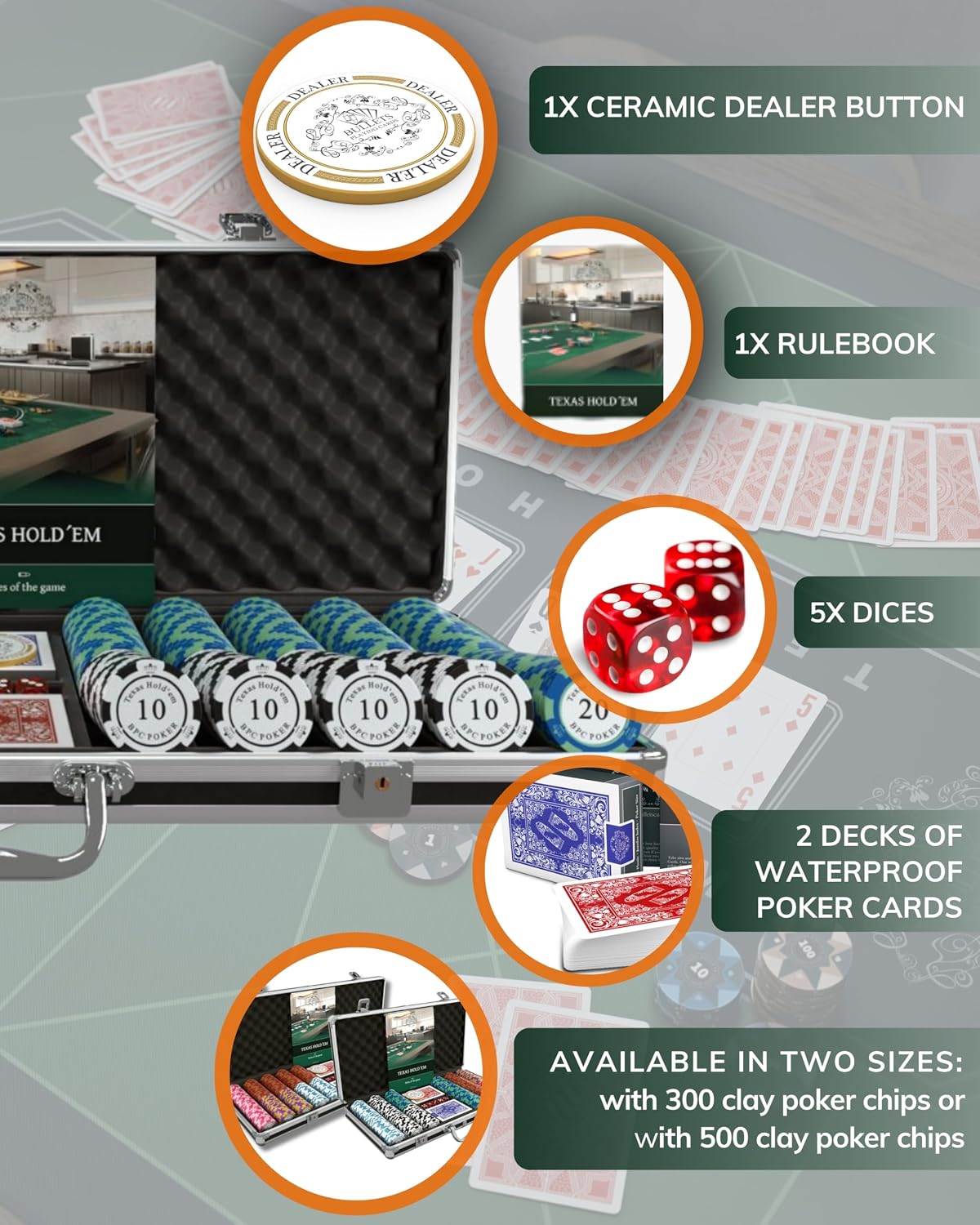 Bullets Playing Cards | Poker Set Corrado | 500 Clay Poker Chips (14 g) with Aluminum Case & Playing Cards – Texas Hold’em