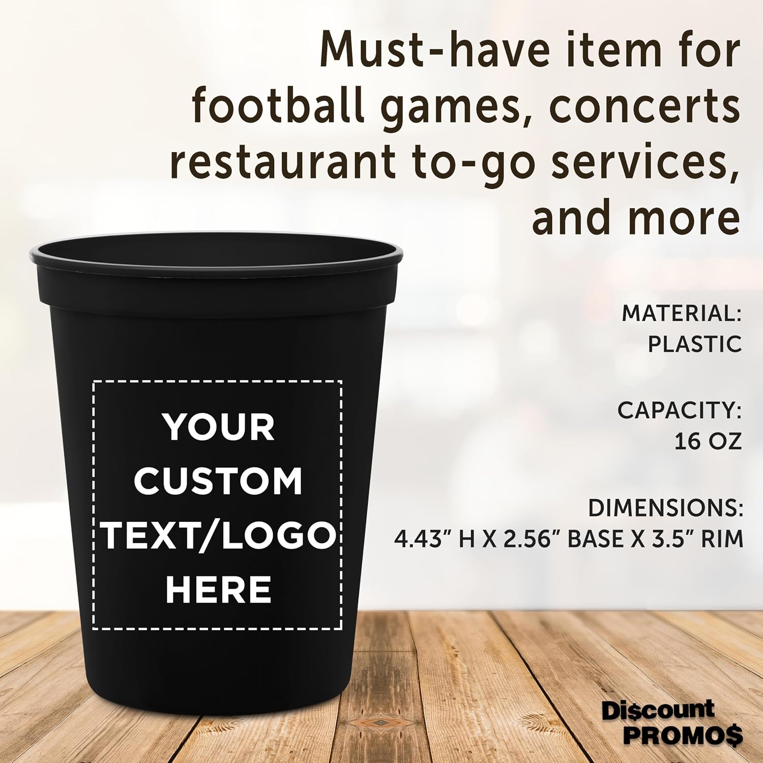 DISCOUNT PROMOS Custom Plastic Stadium Cups 16 oz. Set of 10/50/100, Personalized Bulk Pack - Perfect for Birthdays, Weddings, Picnic, Beach