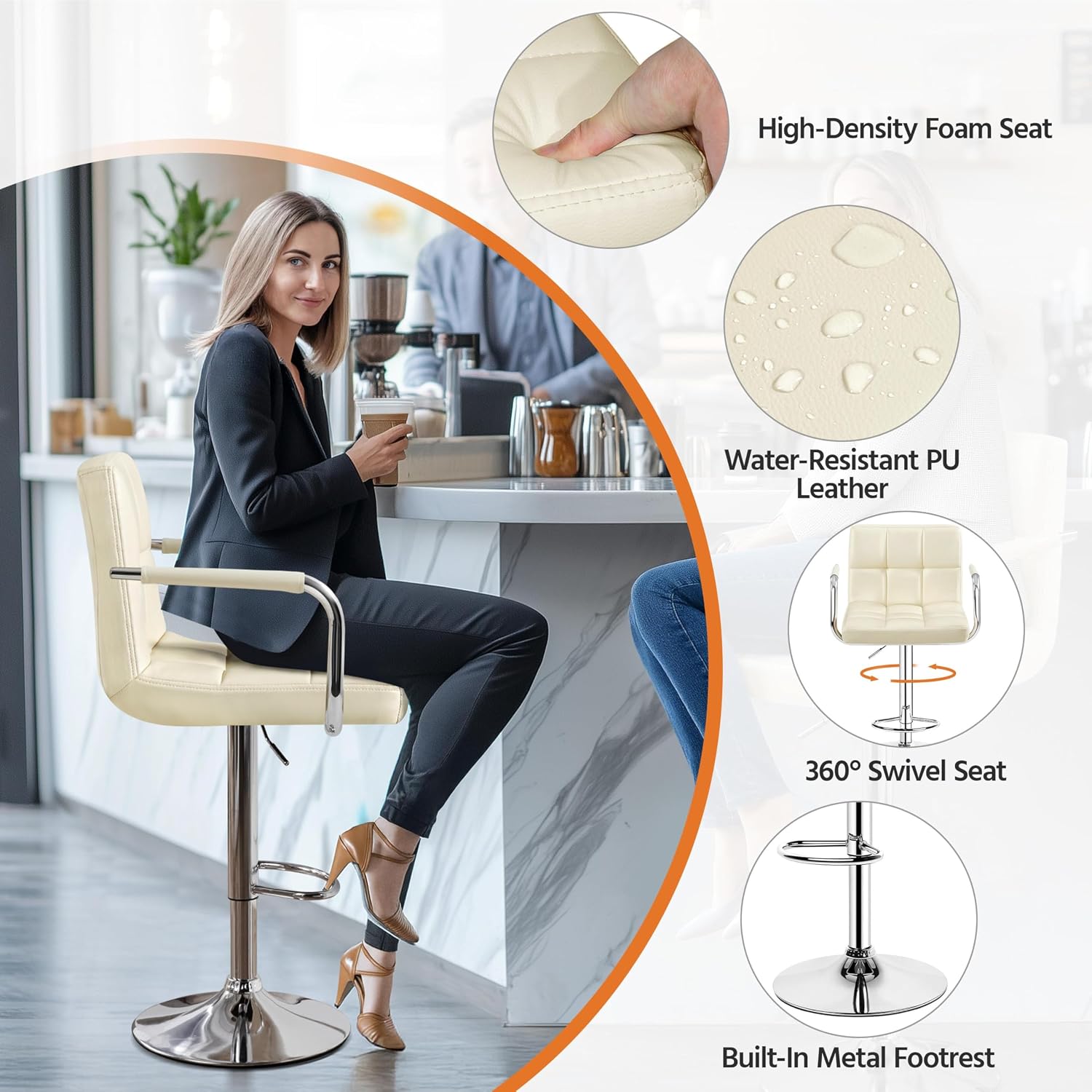 Yaheetech Bar Stools Set of 2, Swivel with Backs, Adjustable Height, White | 360° Swivel Barstools Feature Padded PU Leather Seats, Supportive Backs, 300 lb Capacity for Kitchen Islands