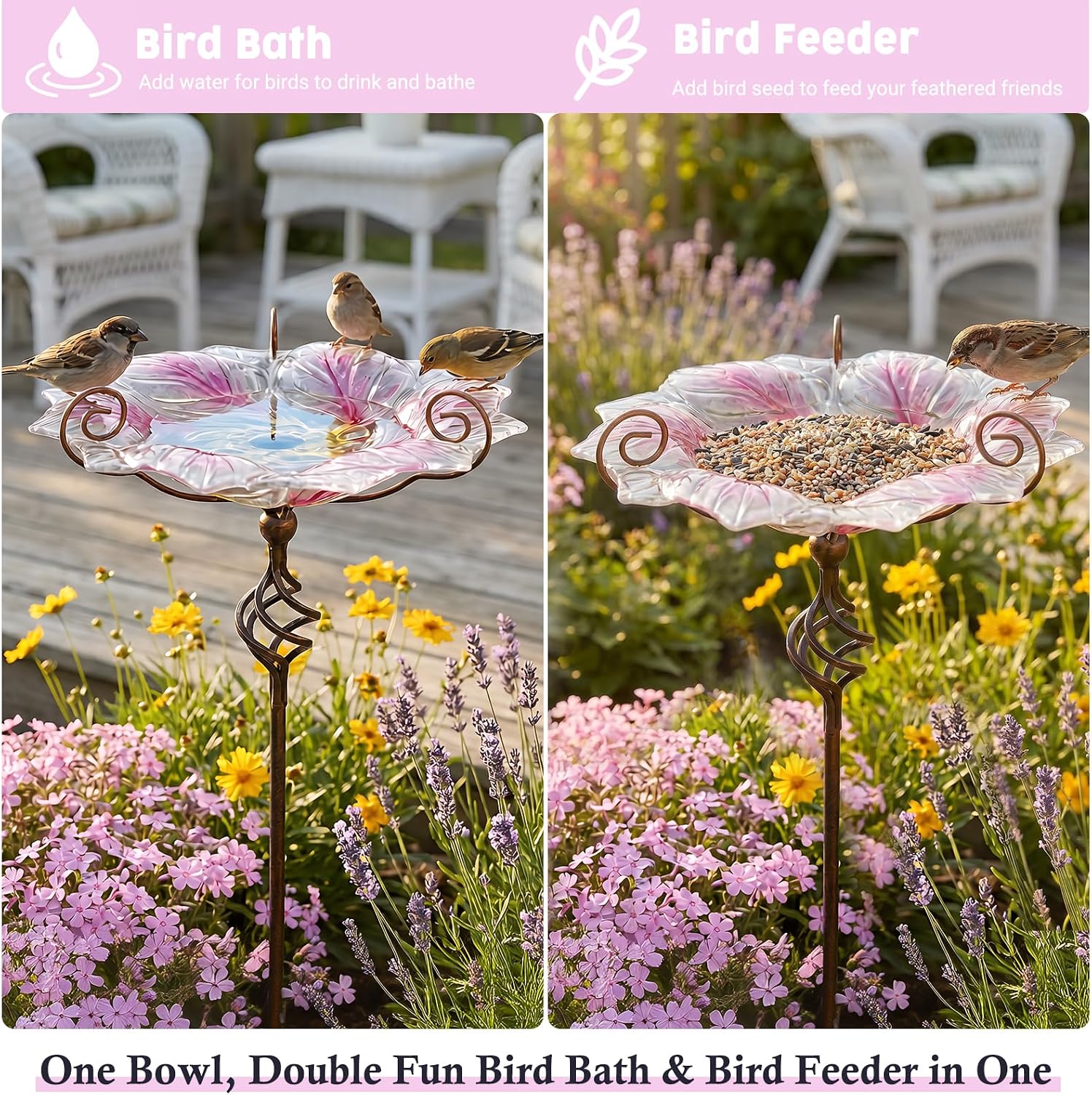 VCUTEKA Glass Bird Bath Outdoor Birdfeeder with Metal Stake Garden Decor