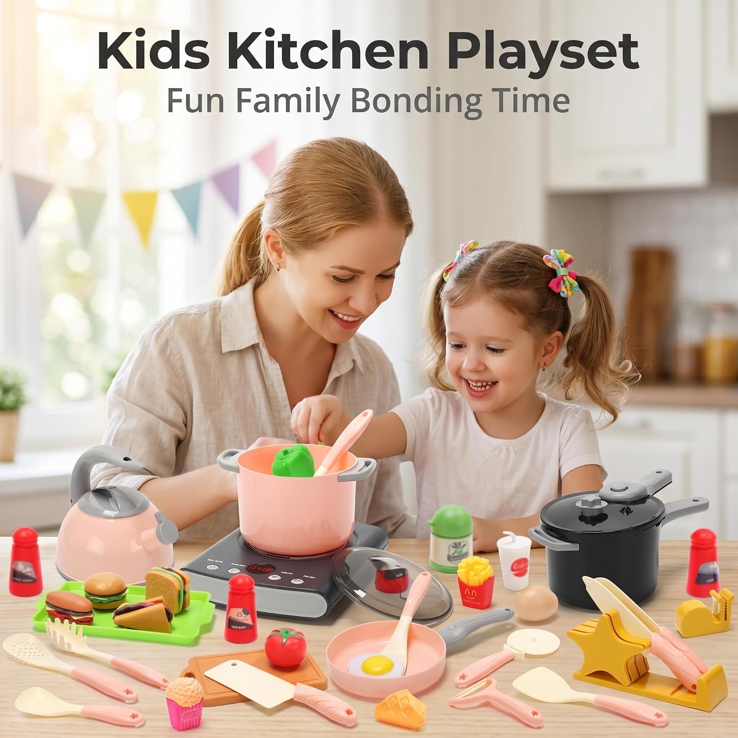 CUTE STONE Pretend Play Kitchen Toy with Cookware Steam Pressure Pot and Electronic Induction Cooktop, Cooking Utensils, Toy Cutlery, Cut Play Food
