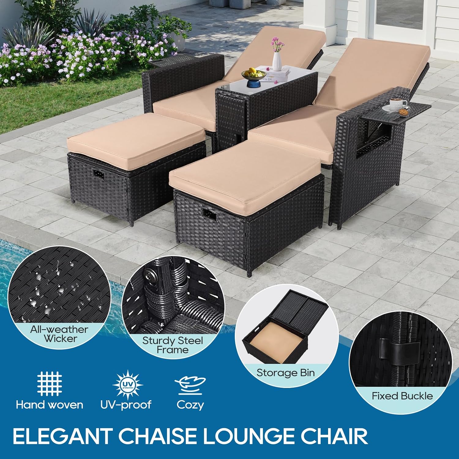 5PCS Outdoor Wicker Chaise Lounge Chair - Rattan Adjustable Reclining Patio Lounge Chair with Ottoman and Coffee Table