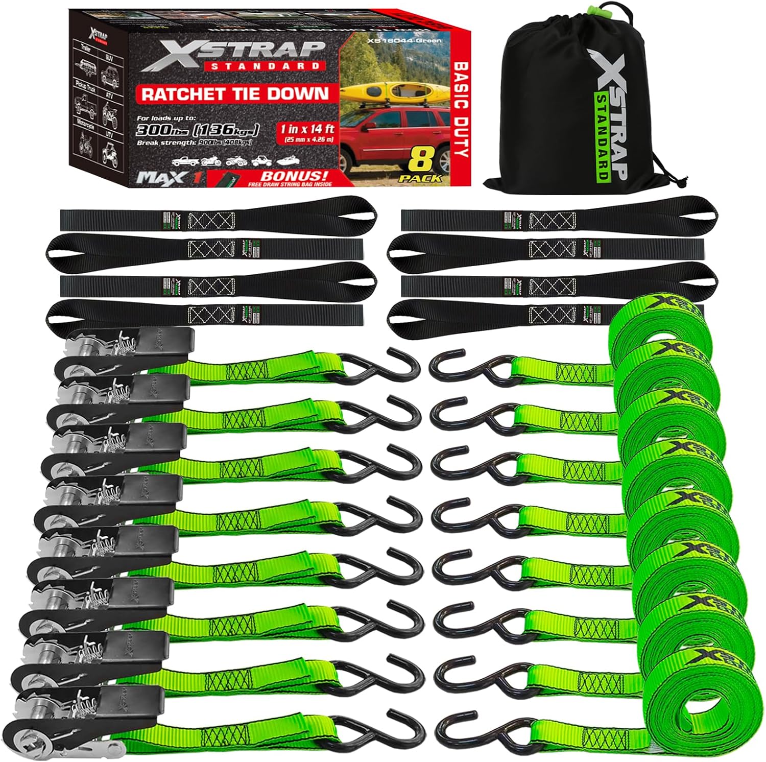 XSTRAP STANDARD 8-PK Ratchet Tie Down Straps, 1" x 10ft Cargo Strap, Yellow