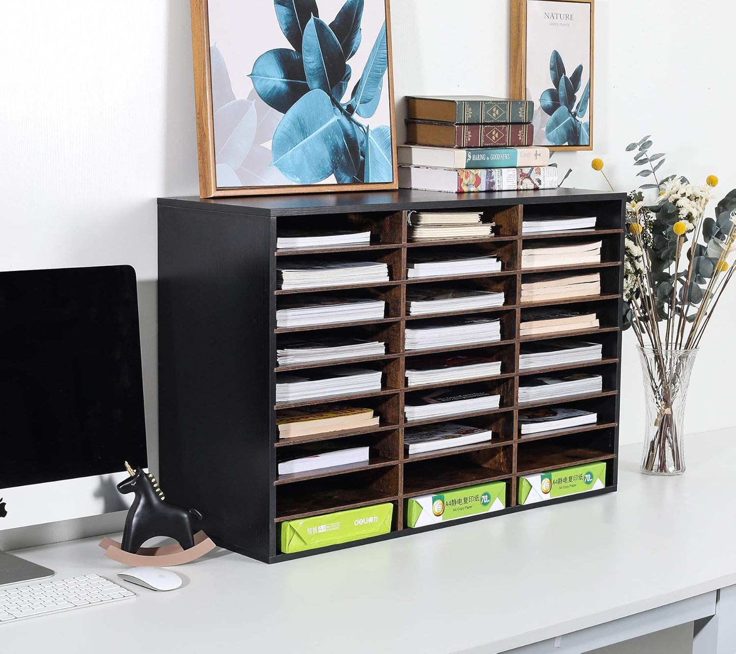 TQVAI Wood Literature Organizer, 27 Slots Hold 13500 Sheets A4 Papers, Wooden Desk File Paper Storage Organizer with Adjustable Shelves