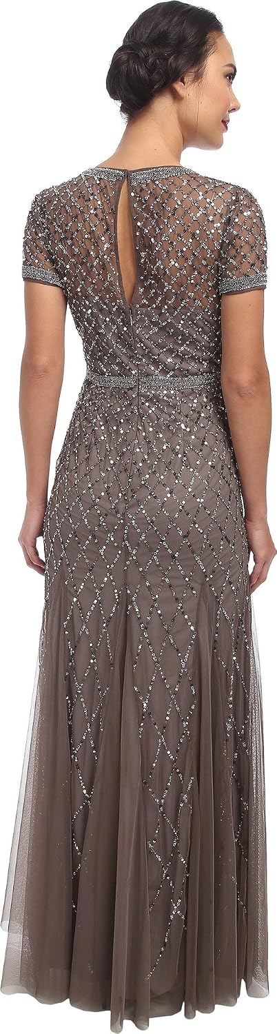 Adrianna Papell Womens Short-Sleeve Grid Beaded Gown