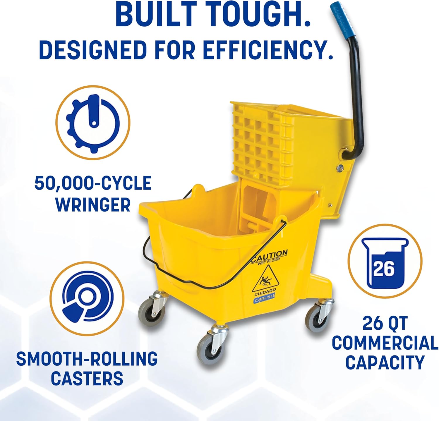 Carlisle FoodService Products 26 Qt Mop Bucket with Side Wringer, Yellow | 18.5 x 16.5 x 16.5 Inches, 34.25-Inch Handle Height, 50,000-Cycle Wringer, Non-Marking Casters, Assembly Required
