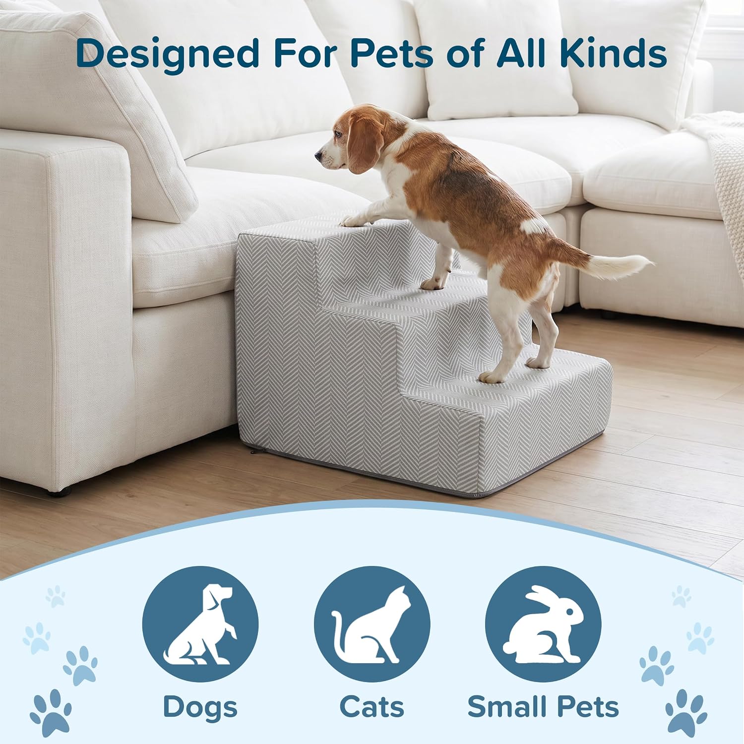 3-Step Pet Stairs - Nonslip Foam Dog and Cat Steps with Removable Zippered Microfiber Cover - 2-Tone Design for Home or Vehicle Use by PETMAKER (Tan) | 3-Step Pet Steps for High Bed and Couch - Pet Stairs with Nonslip Bottom, High-Density Foam, and Remov…