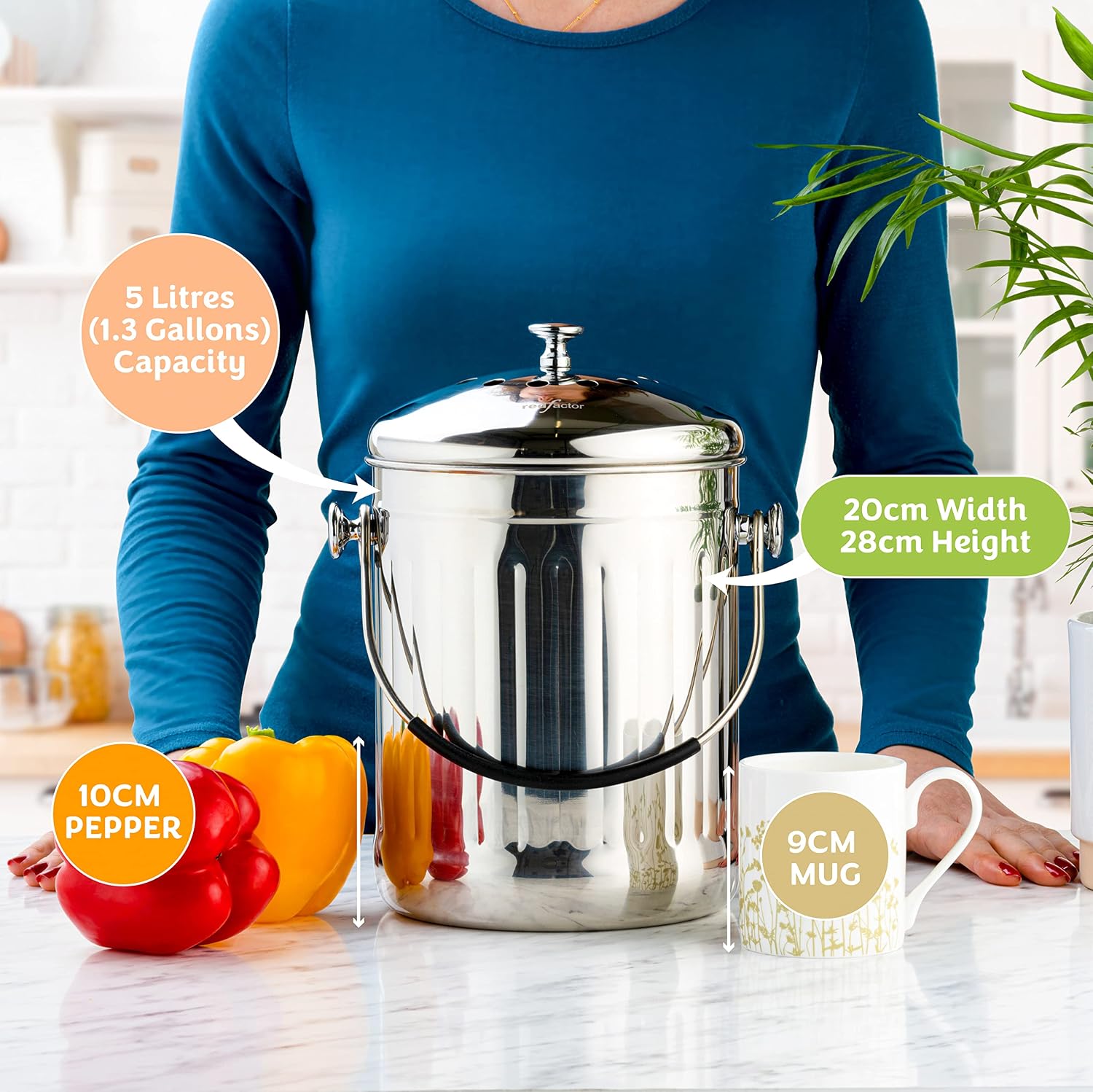 RED FACTOR Premium Compost Bin for Kitchen Countertop - Stainless Steel Food Waste Bucket with Innovative Dual Filter Technology - Includes Spare