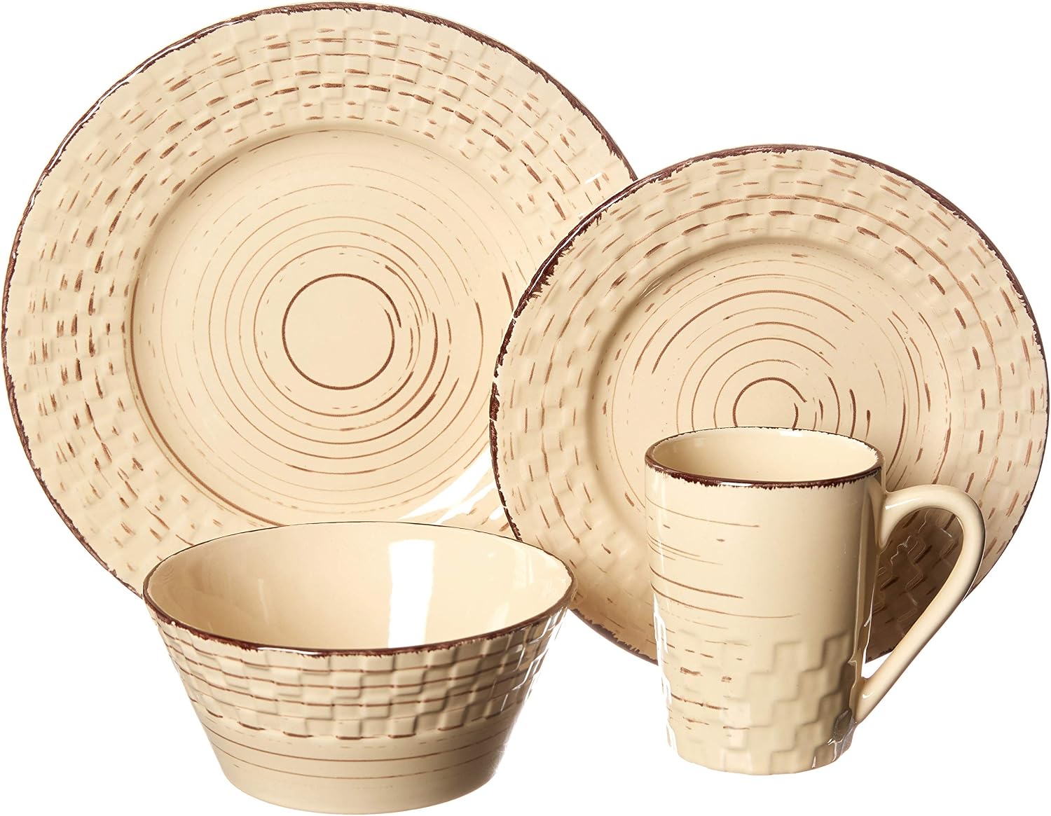 Lorren Home Trends Distressed Weave Dinnerware Set, Buttercup, 16 Piece | Service for 4
