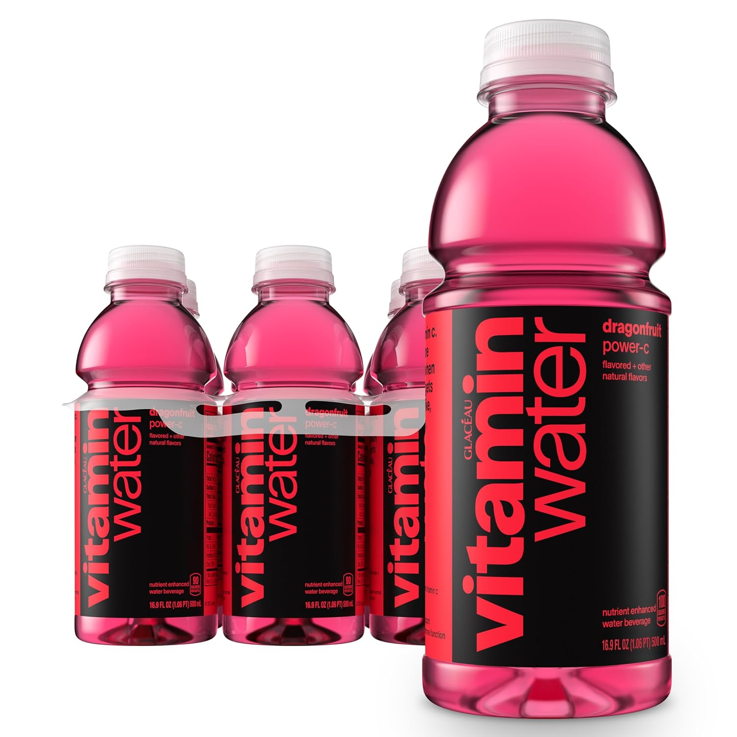 vitaminwater Power-C Dragonfruit Water Beverage, 16.9 fl oz, 6 pack | Bottled, nutrient-enhanced flavored water drink with 90 calories per bottle, antioxidants, and vitamins