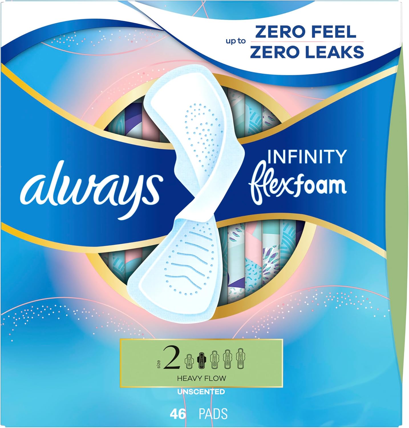 Always Infinity Feminine Pads for Women, Size 2 Heavy Flow Absorbency,with Flexfoam, with Wings, Unscented, 32 Count