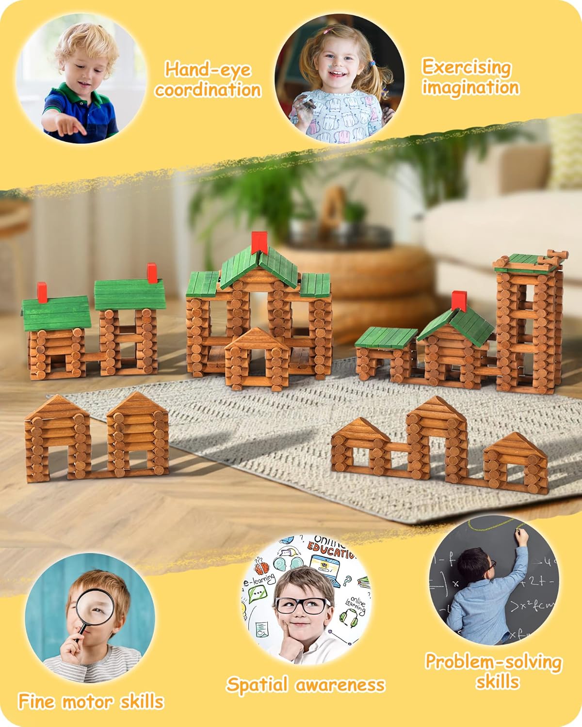 SainSmart Jr. 450 PCS Wooden Log Cabin Set Building House Toy for Toddlers, Classic STEM Construction Kit with Colorful Wood Logs Blocks for 3+ Years Old