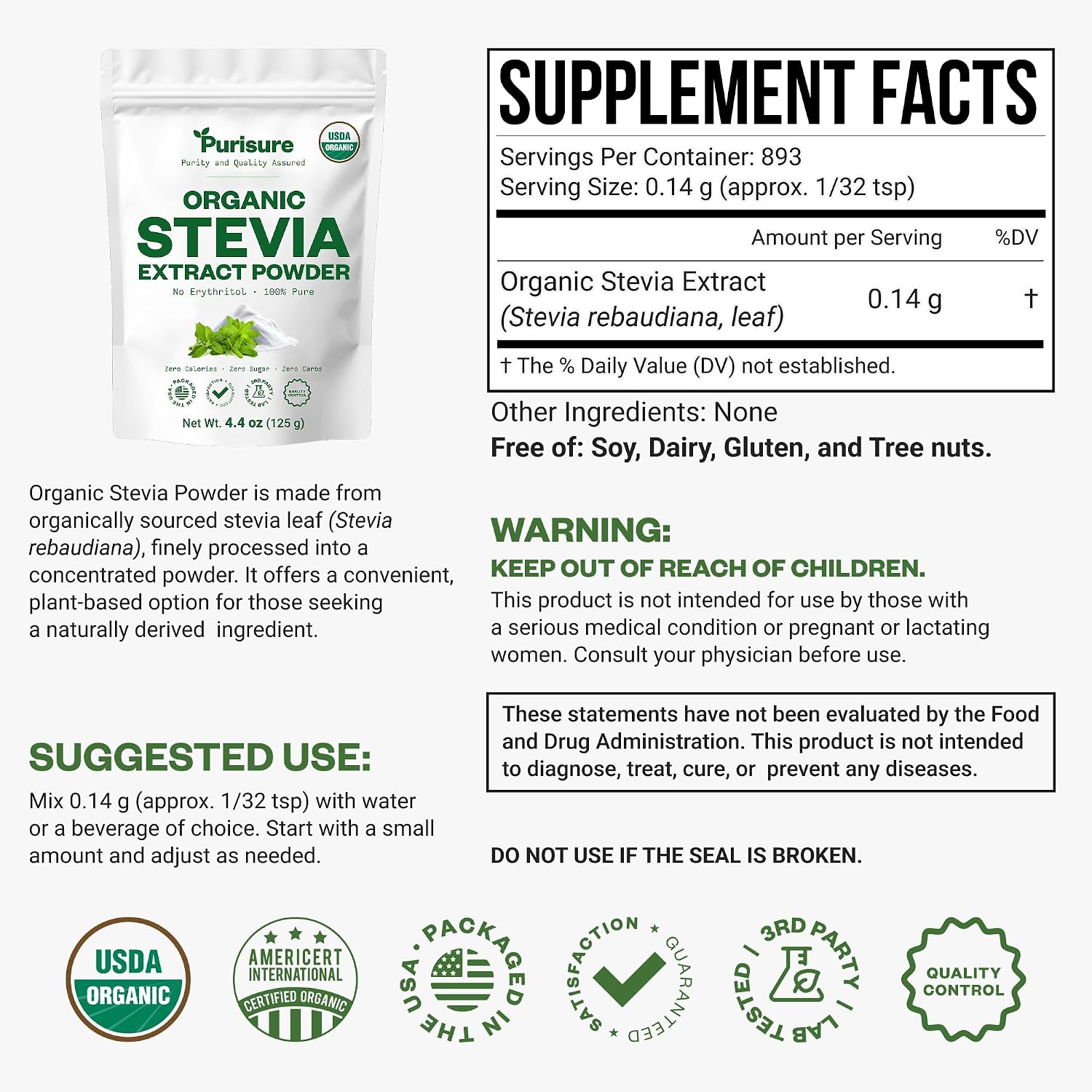 Organic Stevia Extract Powder, Sugar Alternative for Baking and Beverages, Concentrated Formula, Zero Calorie, Non-GMO, Keto Friendly, 892 Servings