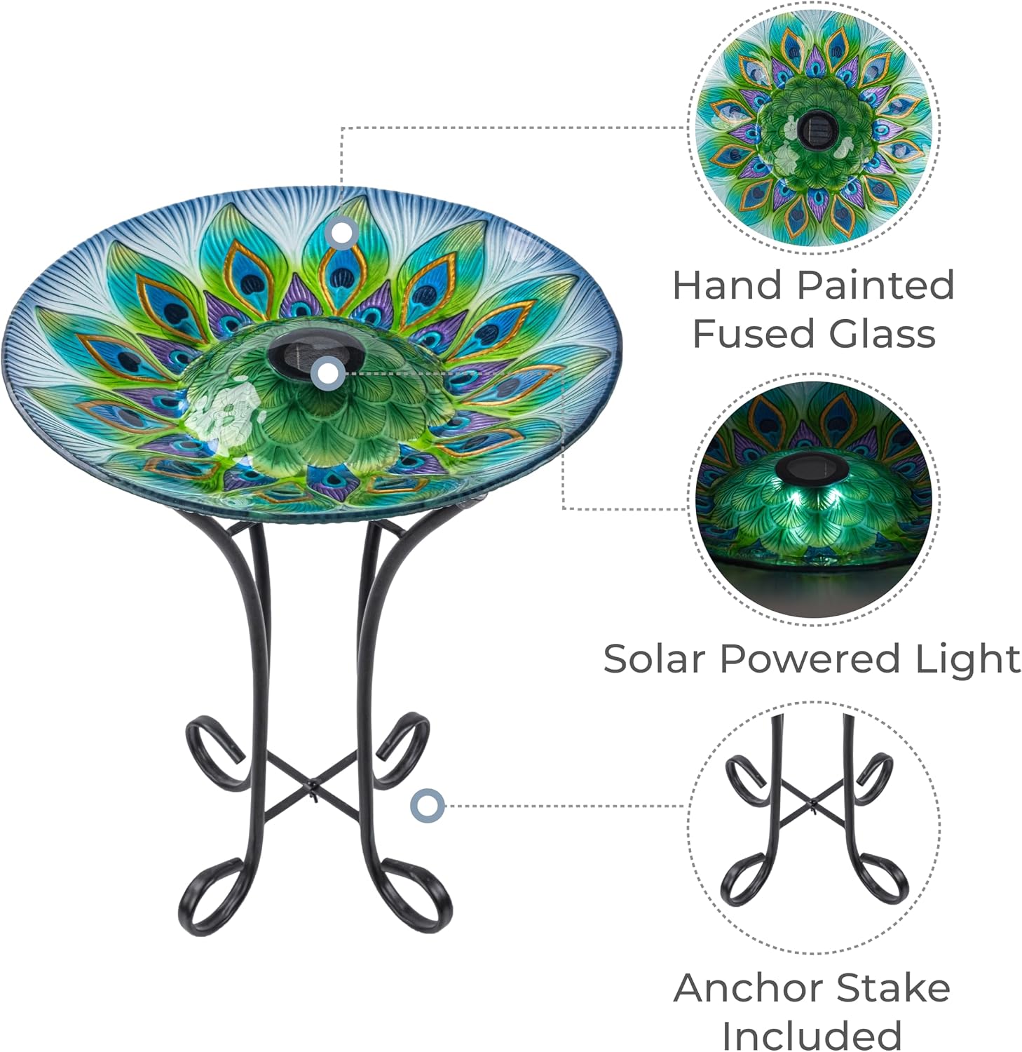 Teamson Home Handpainted Hummingbird Fusion Glass Birdbath Bowl Feeder with Metal Stand for Outdoor Patio Garden Backyard Decking, 21 Inch Height, Purple/Light Blue | Fusion Glass, Metal Stand, Outdoor Patio Garden Backyard Decking, 21 Inch Height