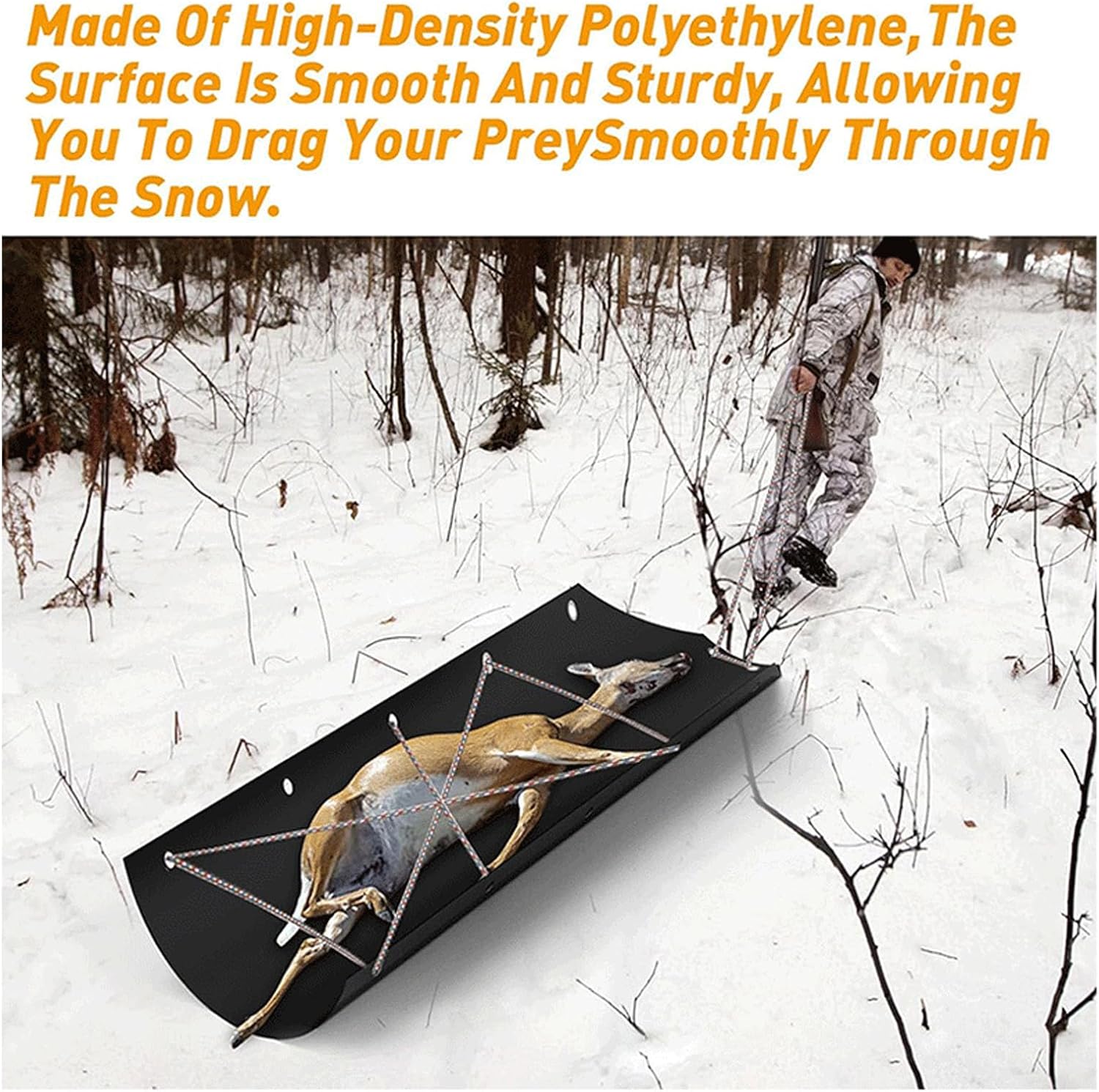 Deer Drag Sled, Heavy Duty Polyethylene Hauling Sled for Ice Fishing, Firewood, Tear Resist Thickened Pad, Smooth Glide on Snow Ice, Includes 2 Ropes