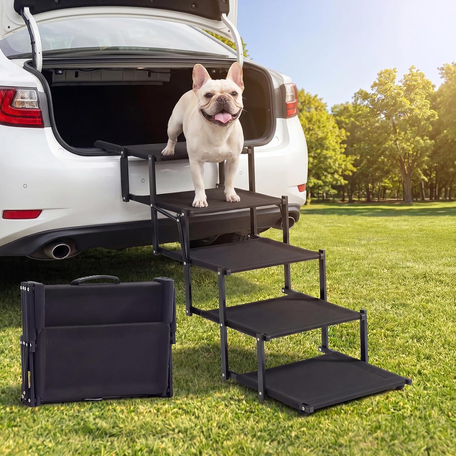 Dog Ramp for Car, Foldable 5-Step Dog Stairs for Small Dogs, 150 Lbs | Non-Slip Oxford Surface, Sturdy Steel Frame, Anti-Scratch Handle